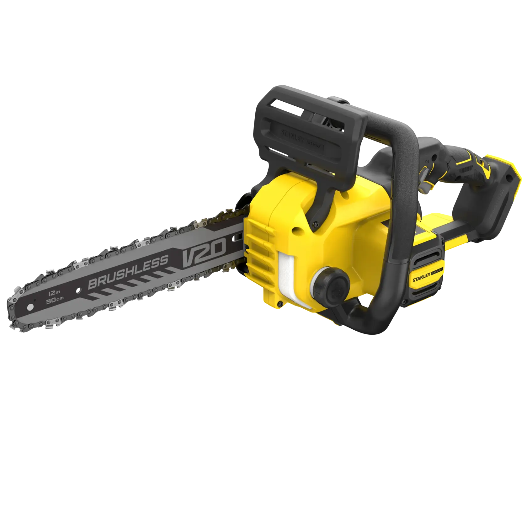 Photo of STANLEY SFMCCS730B cordless brushless chainsaw, yellow and black, V20, 12-inch bar, front angle on white.