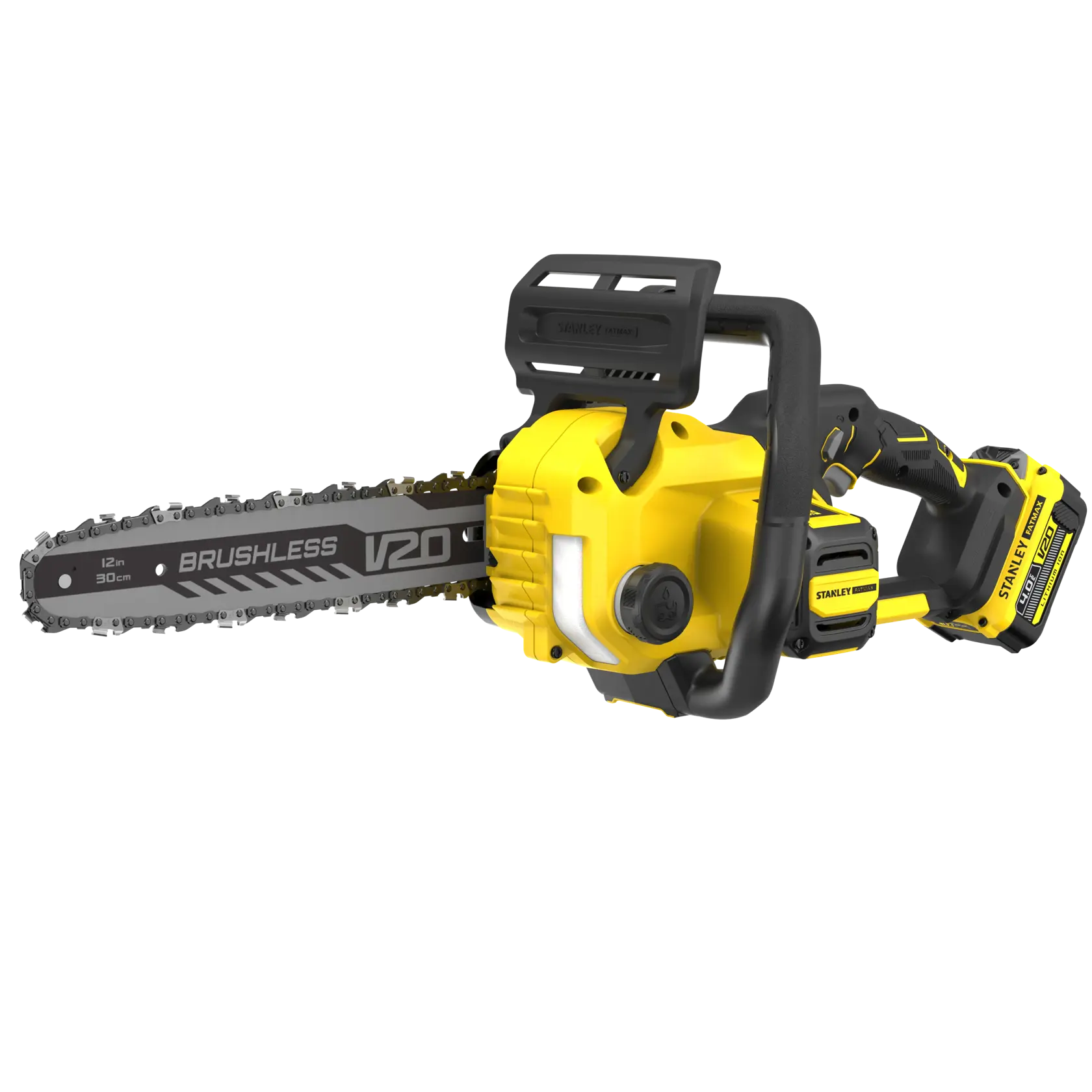 Photo of STANLEY SFMCCS730M1 cordless brushless chainsaw, yellow and black, side angle on white background.