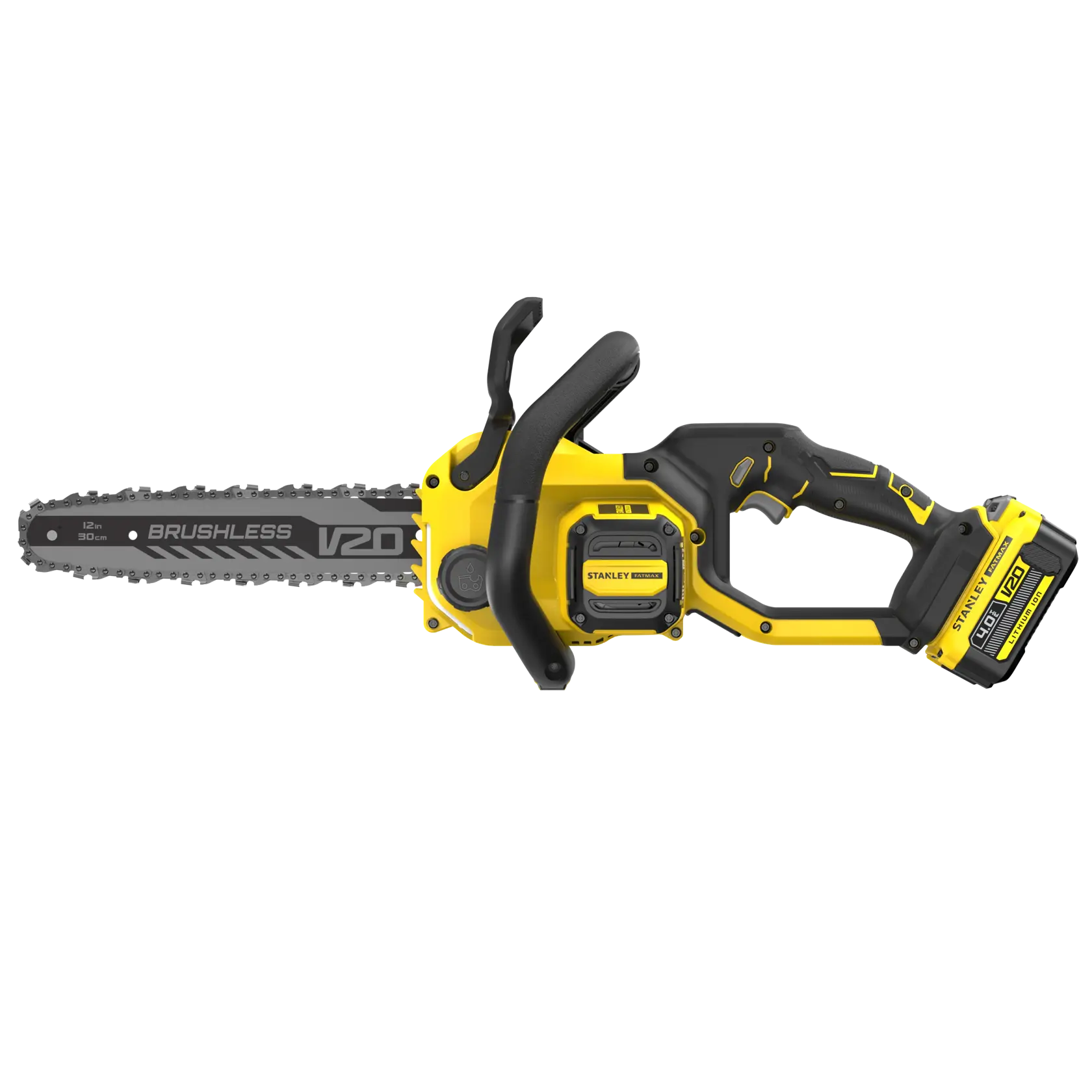 STANLEY SFMCCS730M1 cordless chainsaw, yellow and black, side angle on white background.