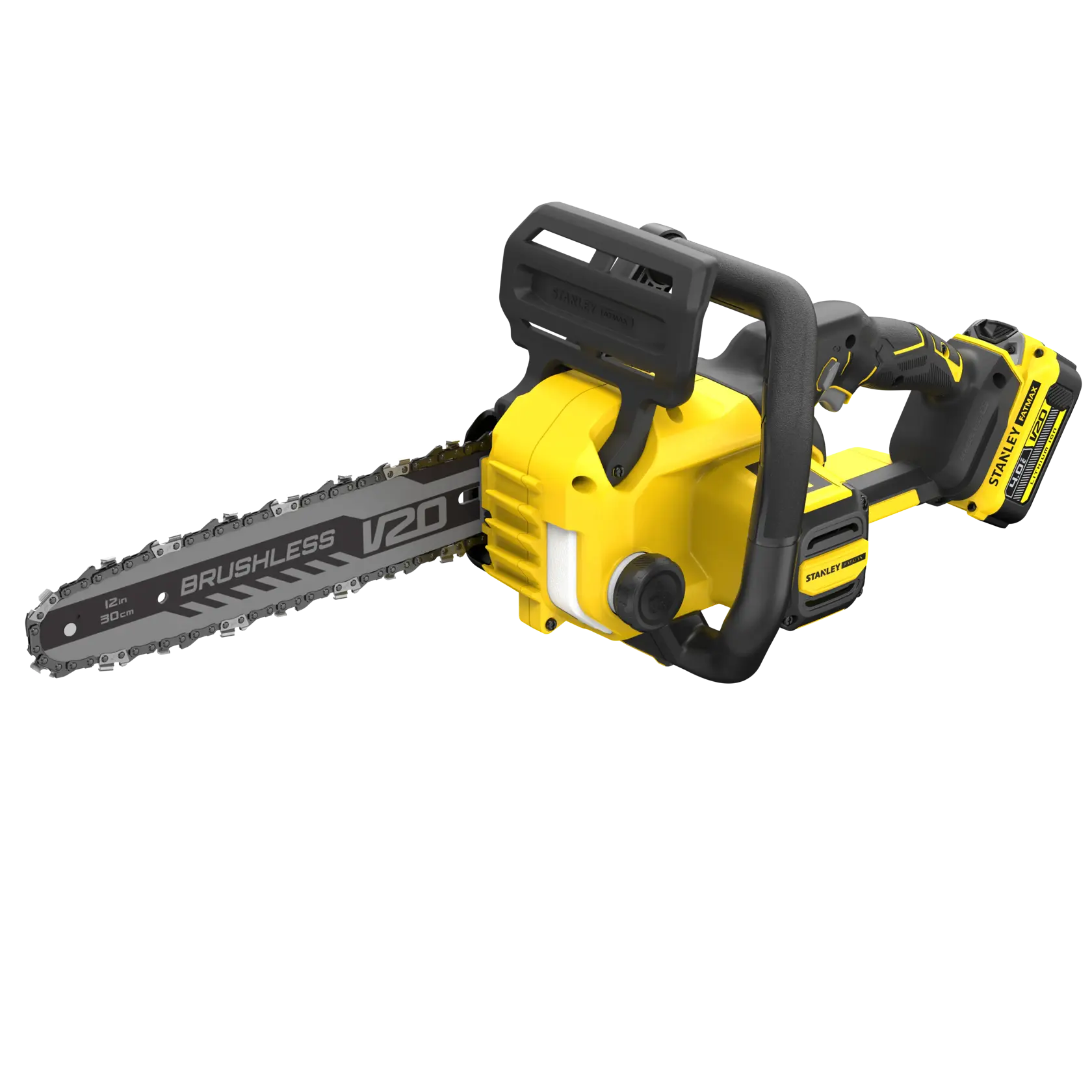 STANLEY SFMCCS730M1 cordless chainsaw, yellow and black, side angle on white background.