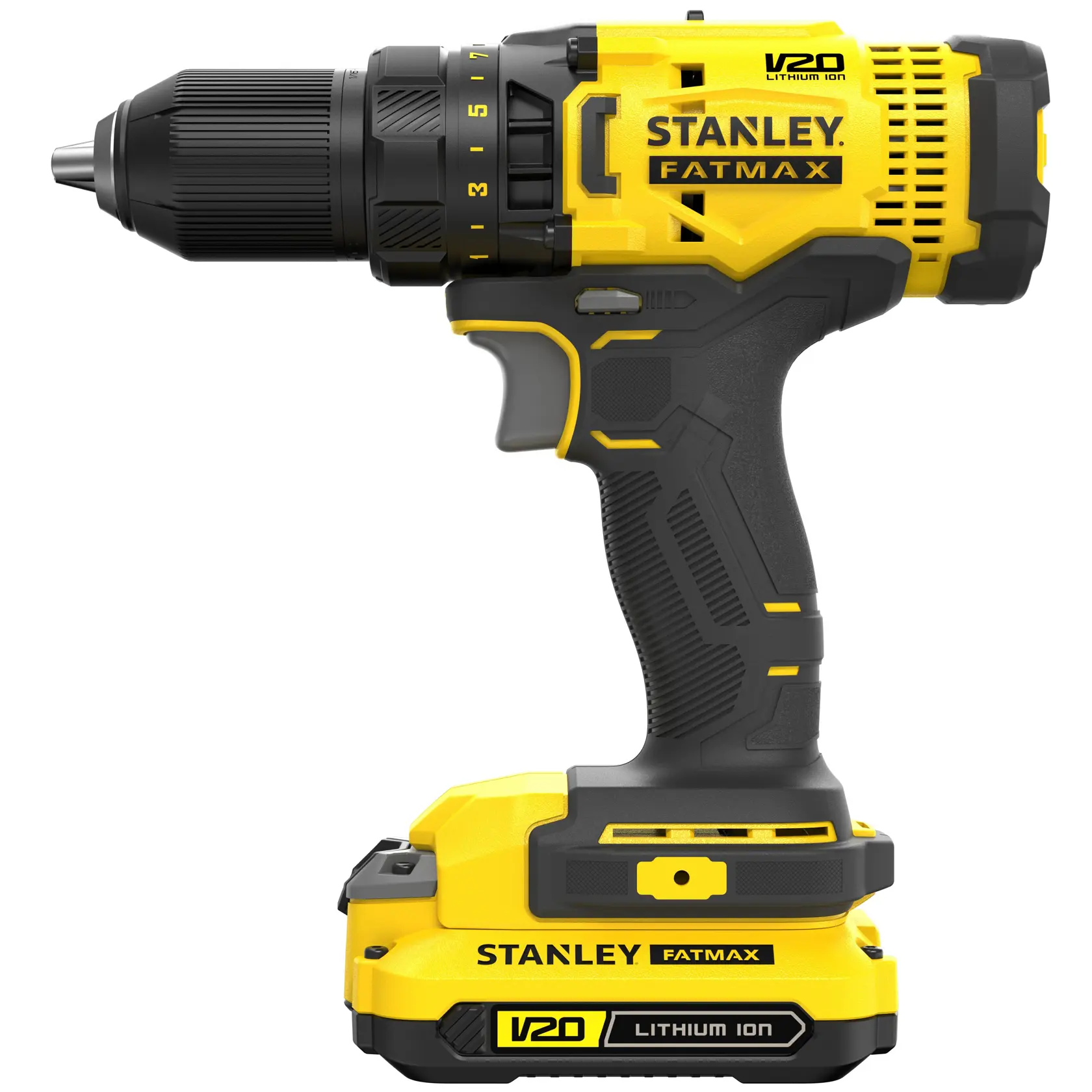 Photo of STANLEY SFMCD700C2S cordless drill, yellow and black, side view on white background.