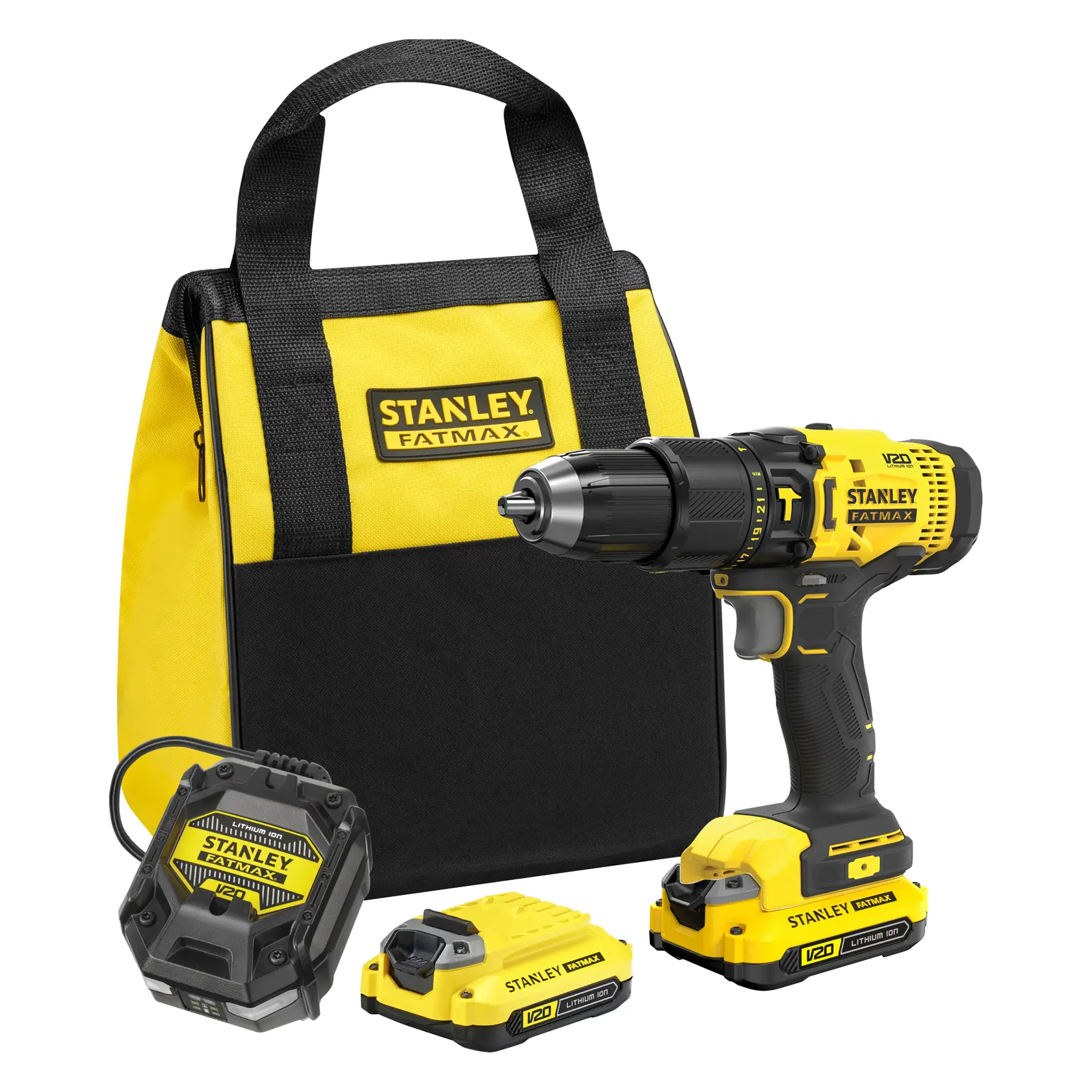 STANLEY SFMCD700C2S drill set with bag, two batteries, and charger, front angle on white background.