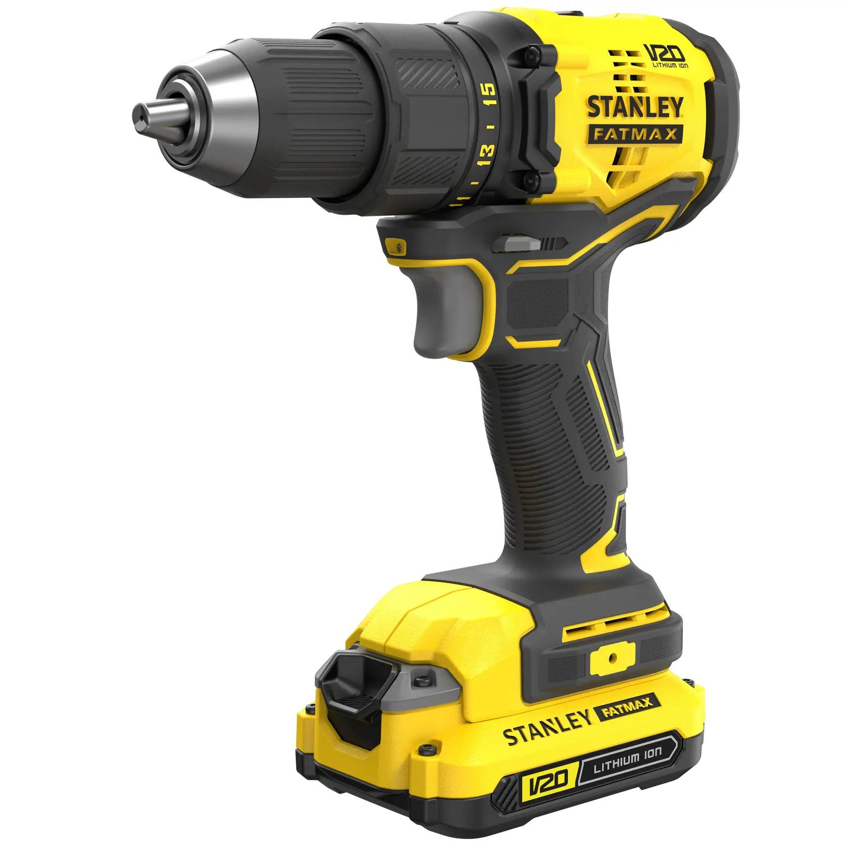STANLEY SFMCD710C2K cordless drill, black and yellow, V20 Lithium-Ion, right side angle, power tool.