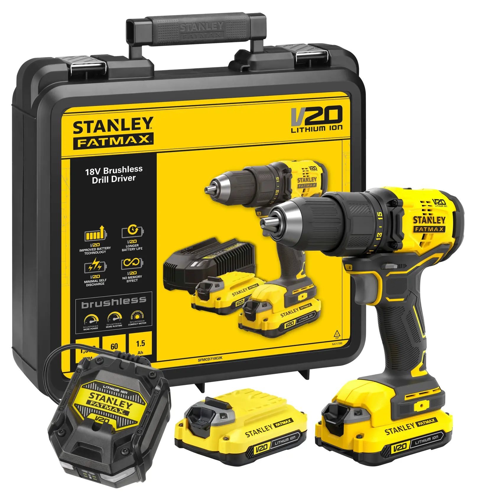 STANLEY SFMCD710C2K brushless V20 drill driver kit with carry case, two batteries, and charger, front angle.