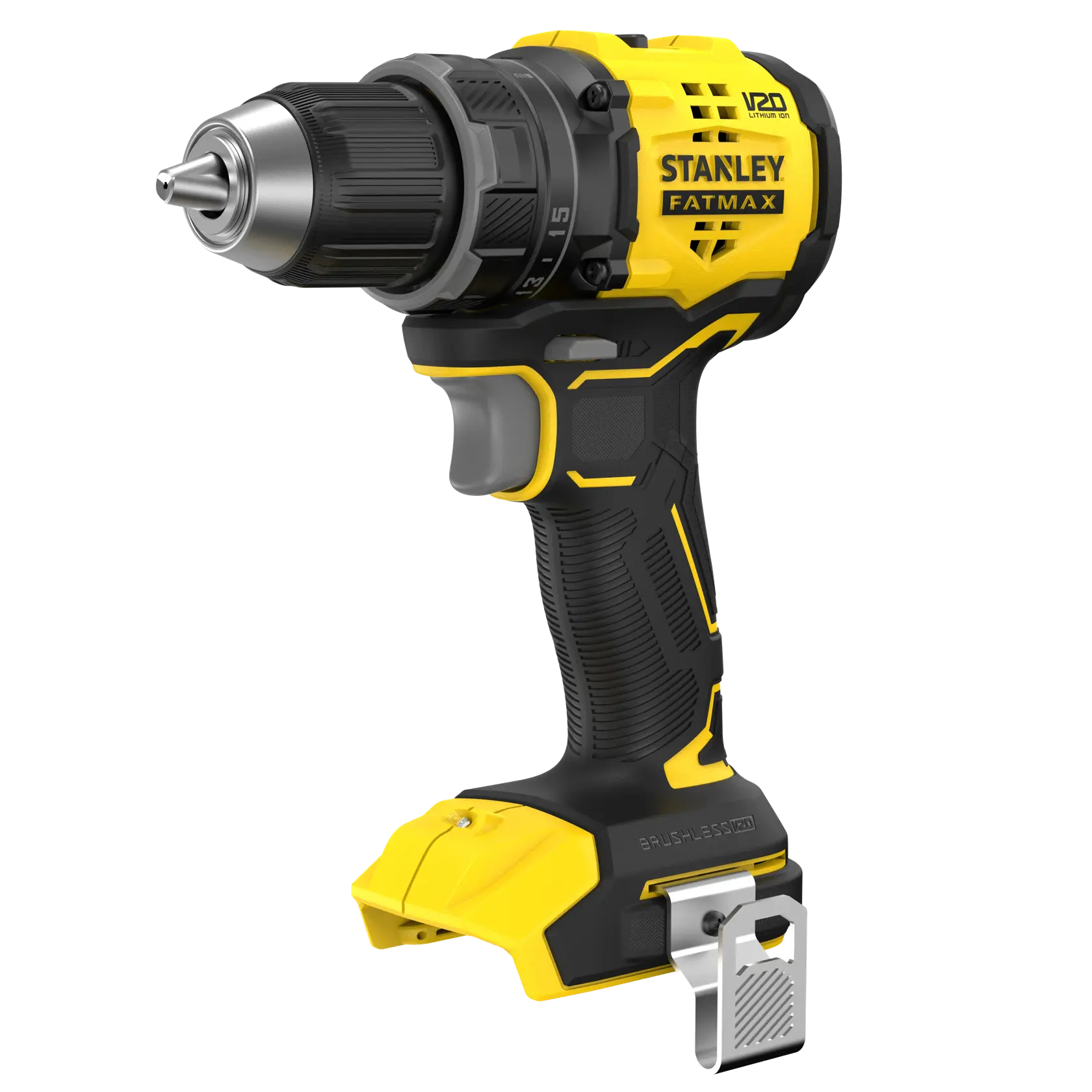 STANLEY SFMCD714B-XJ cordless drill, yellow and black, side angle on white background.