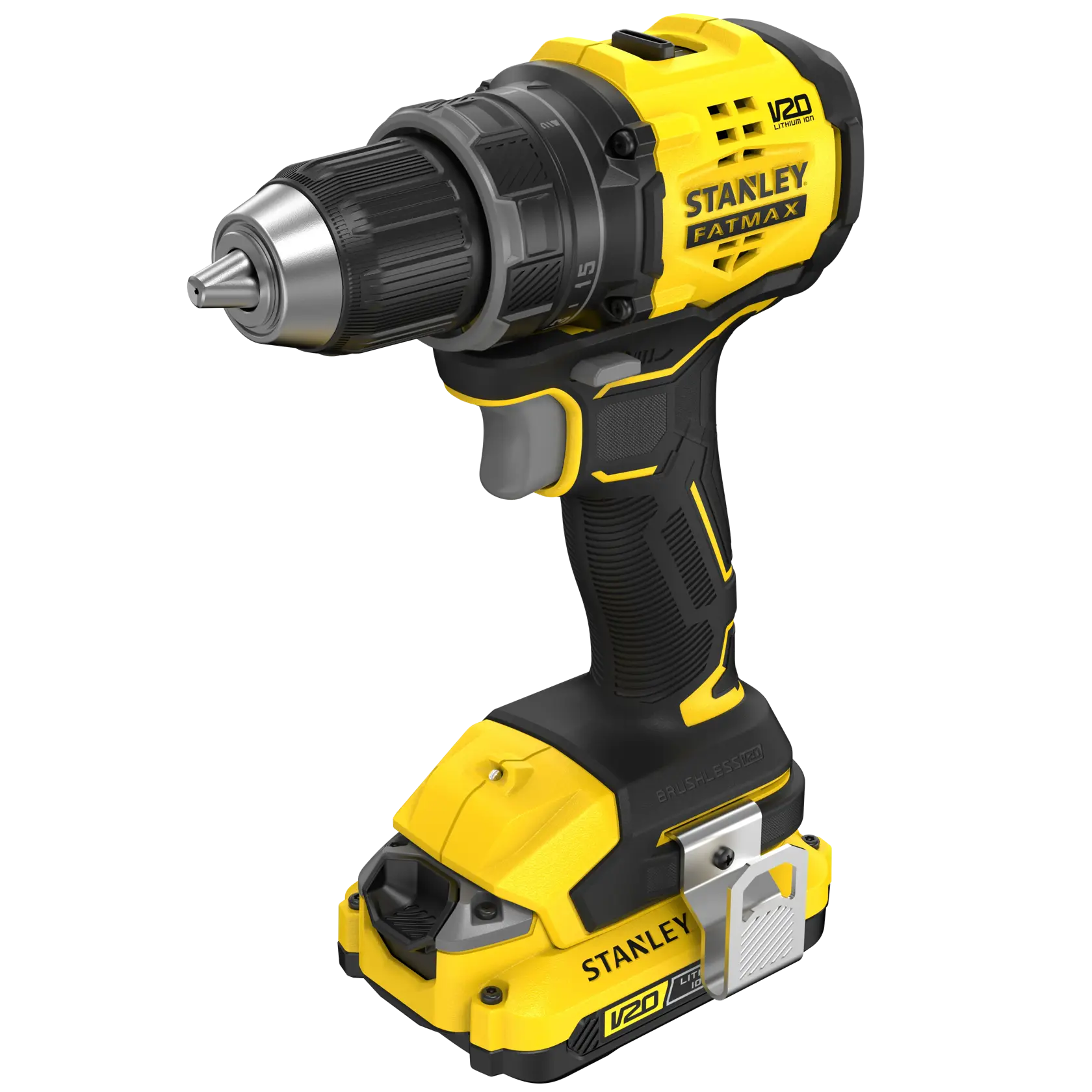 Photo of STANLEY SFMCD714D2T cordless drill, yellow and black, front left angle, tool category.