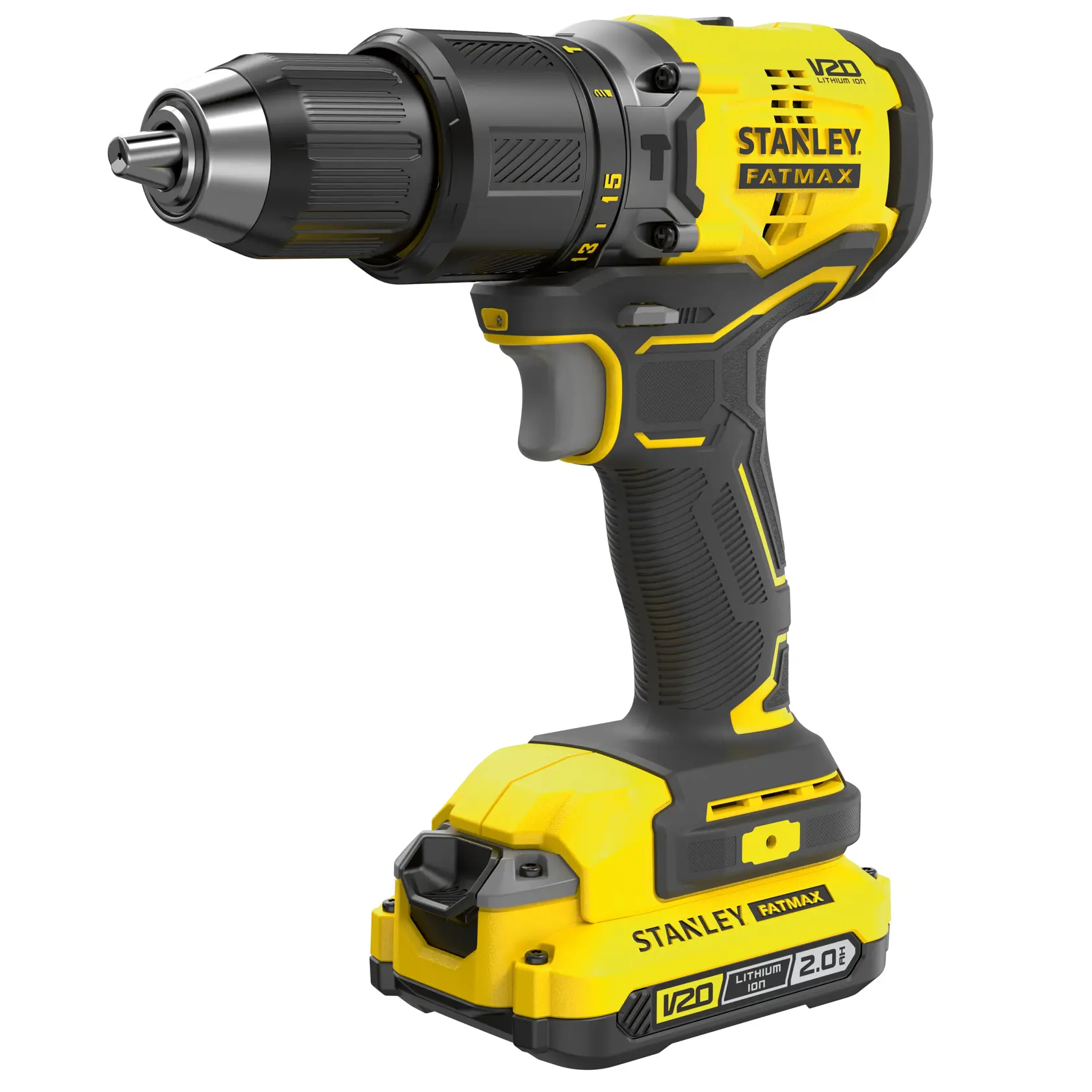 STANLEY SFMCD715D1K cordless drill, yellow and black, main angle on white background.