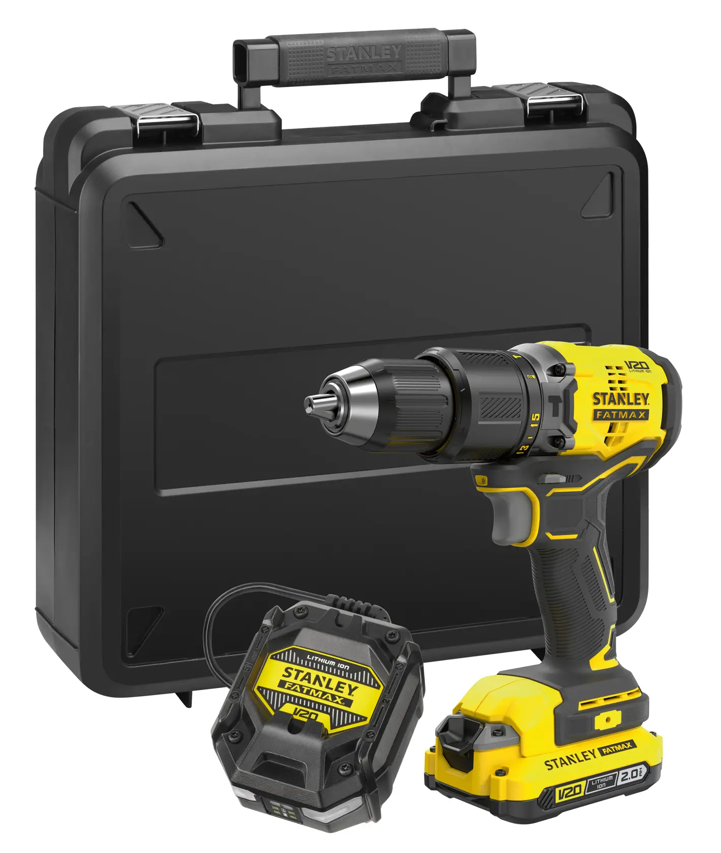 STANLEY SFMCD715D1K cordless drill with battery, charger and black carrying case, front angle.