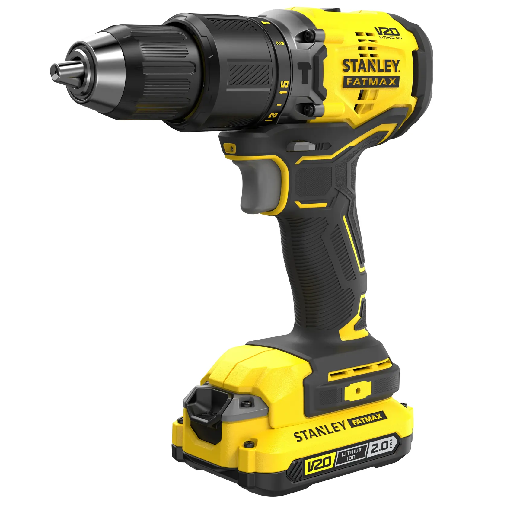 Photo of STANLEY SFMCD715D2K cordless drill, yellow and black, front left angle, V20 Fatmax series.