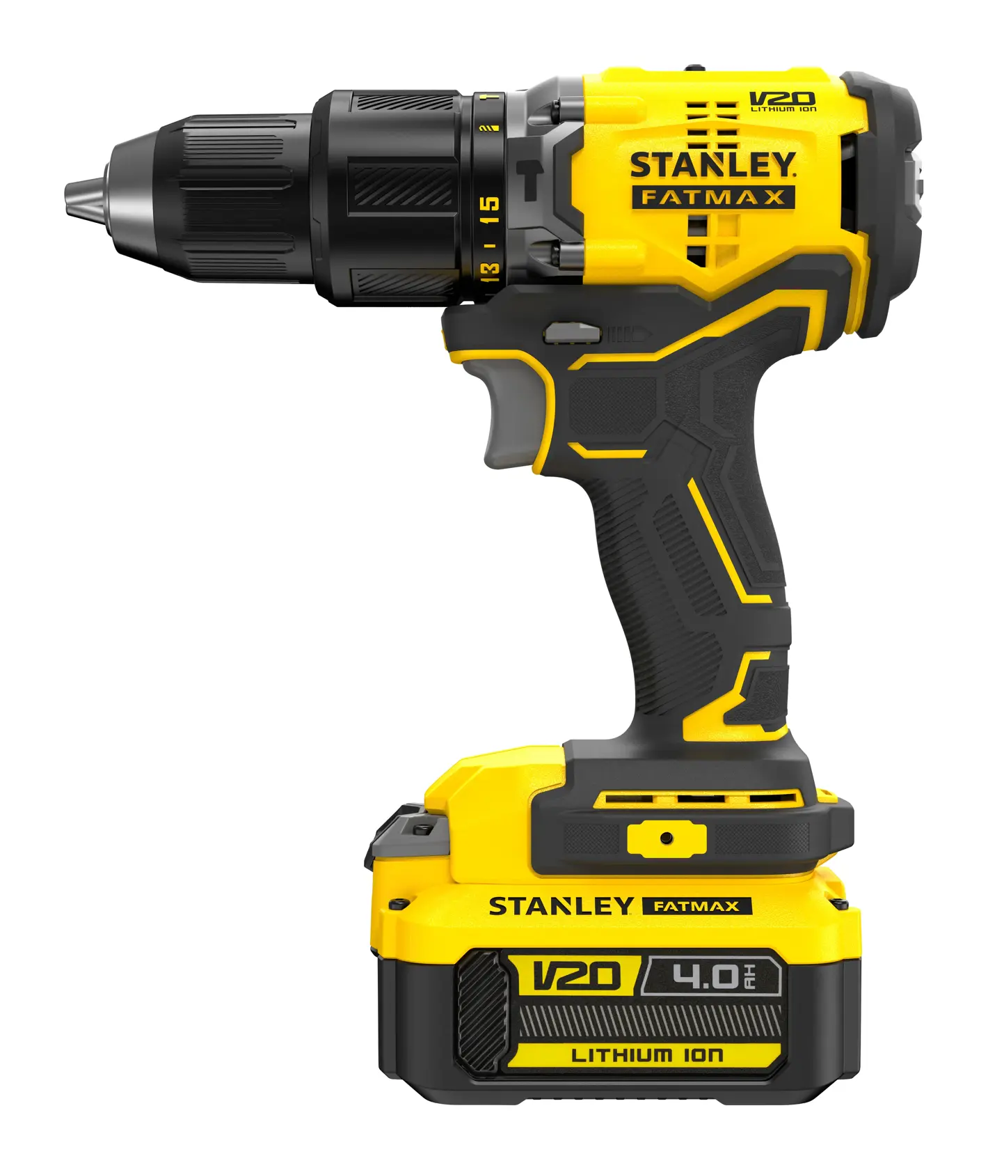 Photo of STANLEY SFMCD715M2K cordless drill, yellow and black, side view, V20 FATMAX Lithium Ion.