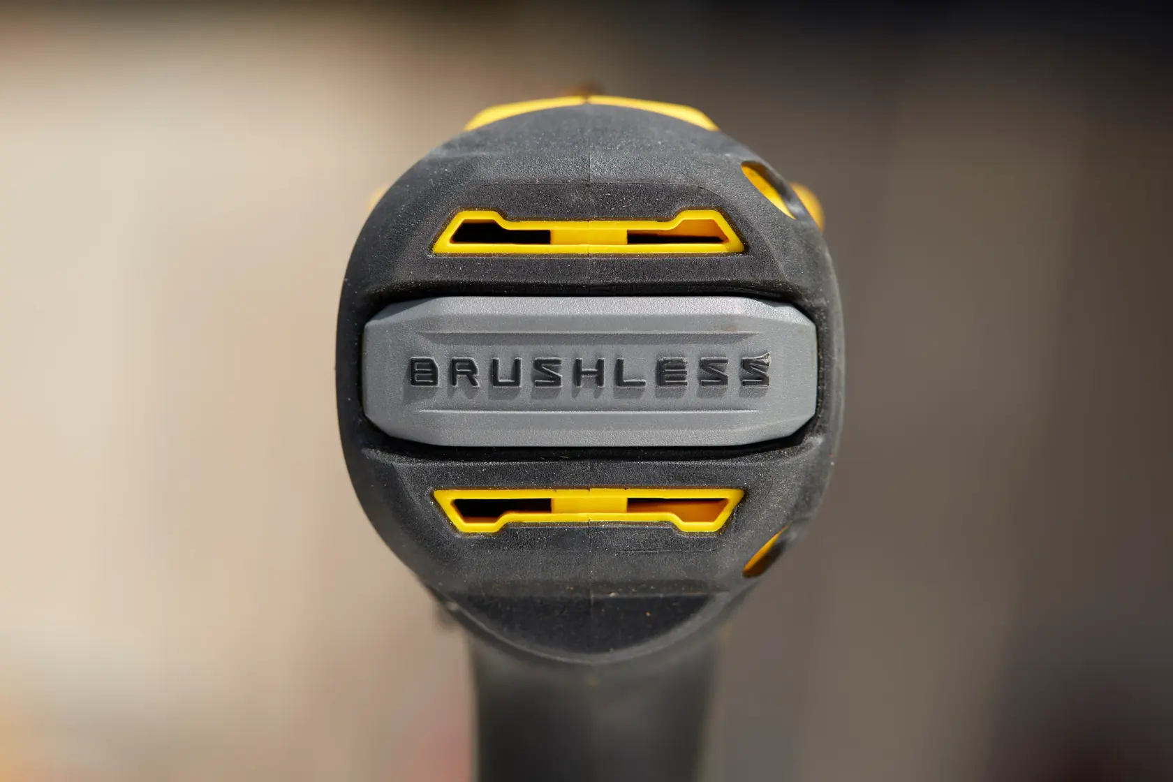 STANLEY SFMCD715M2K brushless drill close-up, showing the front with yellow and gray accents.