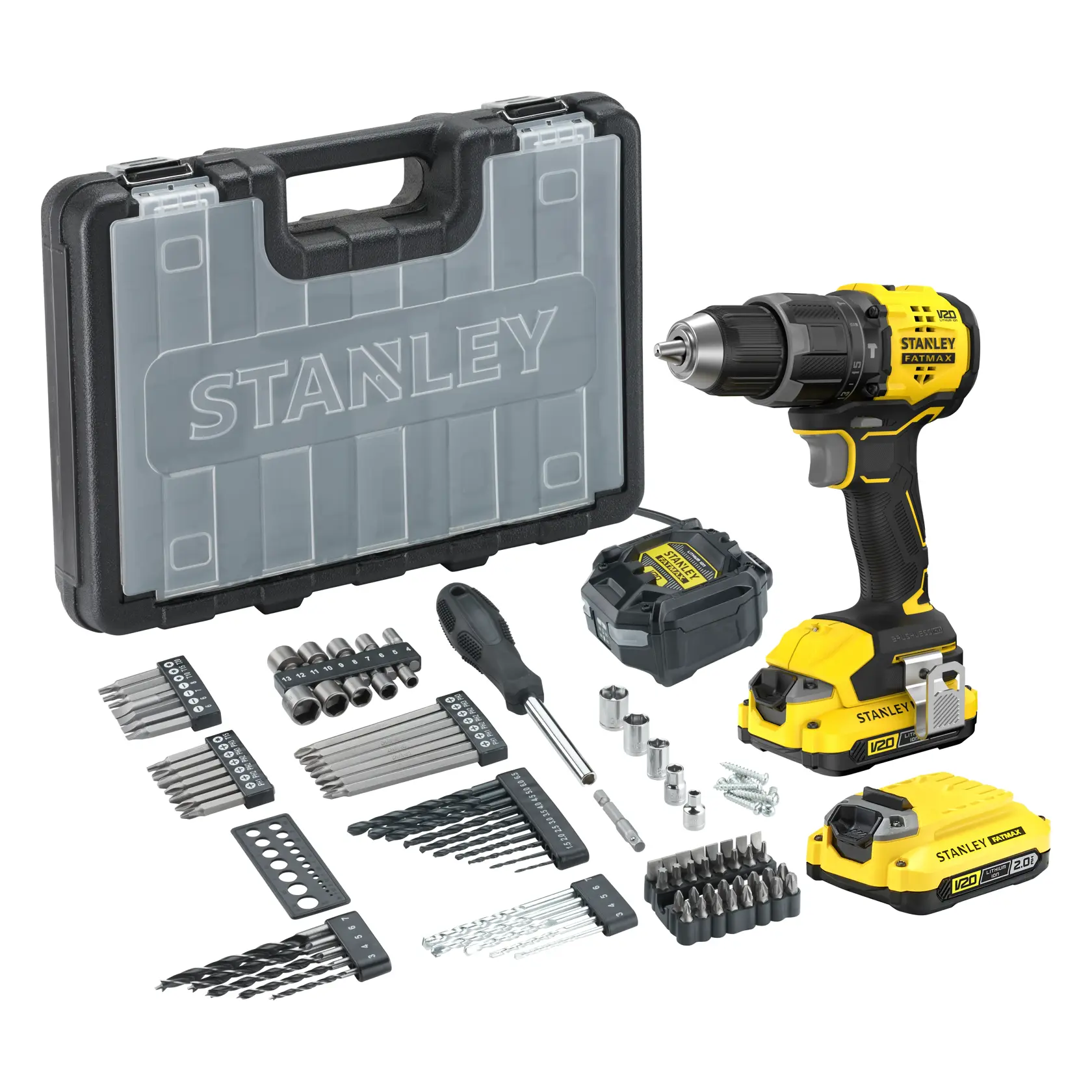 Stanley SFMCD716D2A drill kit with yellow cordless drill, two batteries, case, screwdriver bits, sockets, and accessories.