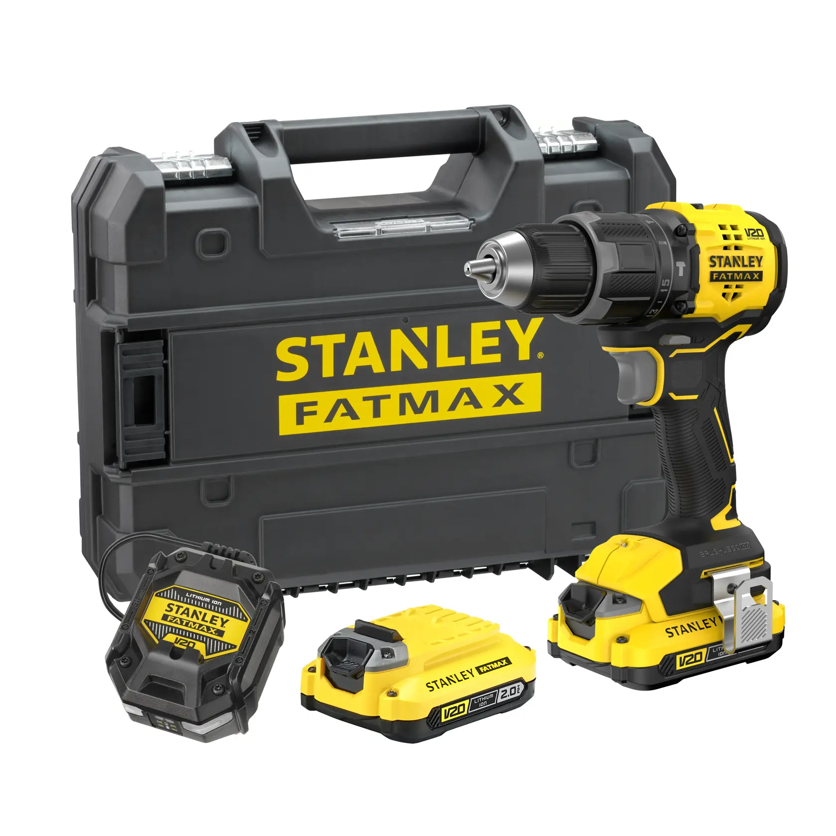 STANLEY SFMCD716D2T drill kit with V20 batteries, charger, and hard case, front angle on white background.