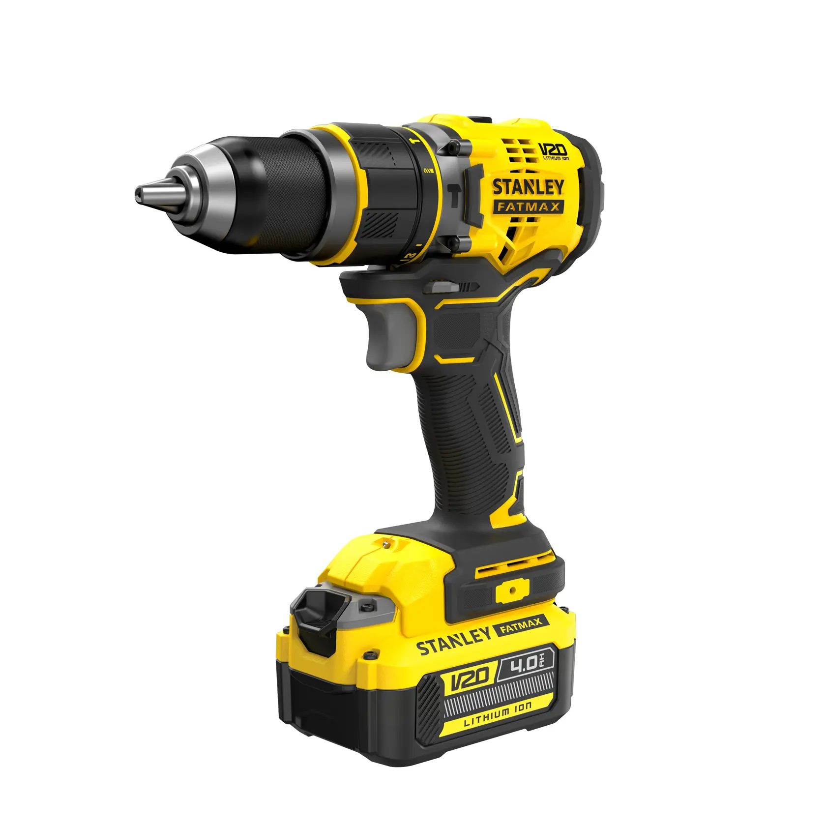 Yellow and black STANLEY cordless drill with V20 lithium-ion battery, ergonomic grip, and FATMAX branding.