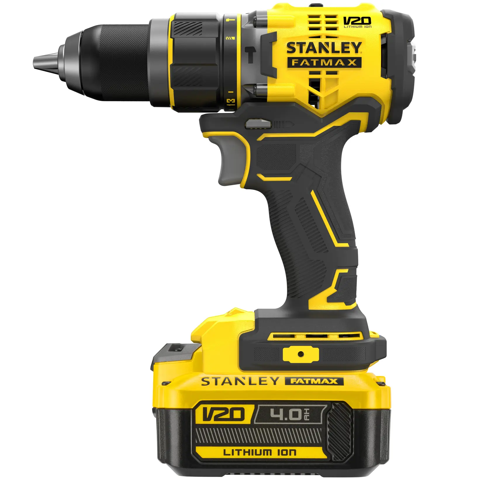 Stanley Fatmax V20 cordless drill with a 4.0Ah lithium-ion battery, shown in yellow and black.