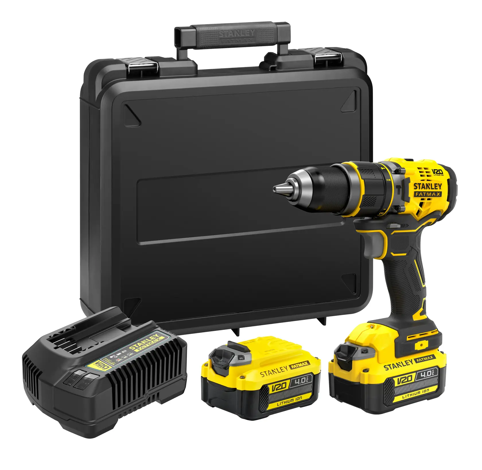 STANLEY SFMCD721M2K cordless drill set with two batteries, charger, and black carrying case, front angle.