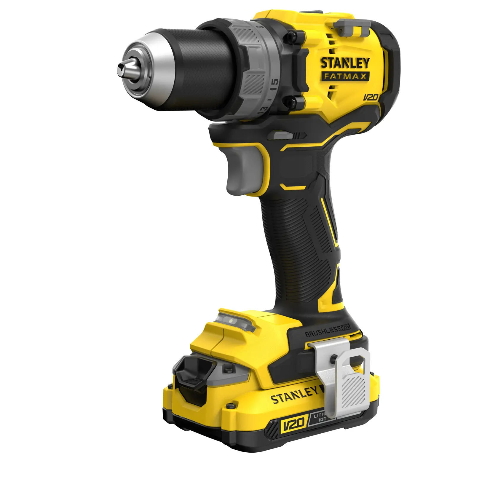 STANLEY SFMCD725D2K cordless drill, V20, yellow and black, side angle, visible brushless motor.