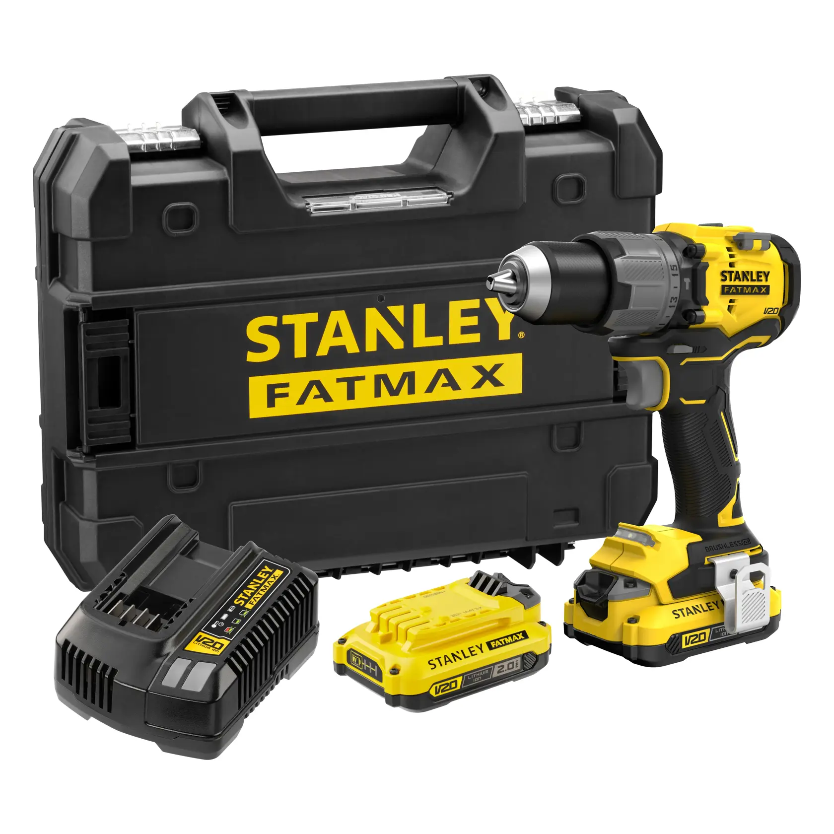 Stanley SFMCD726D2T cordless drill set with case, charger, and two V20 batteries, front angle photo.