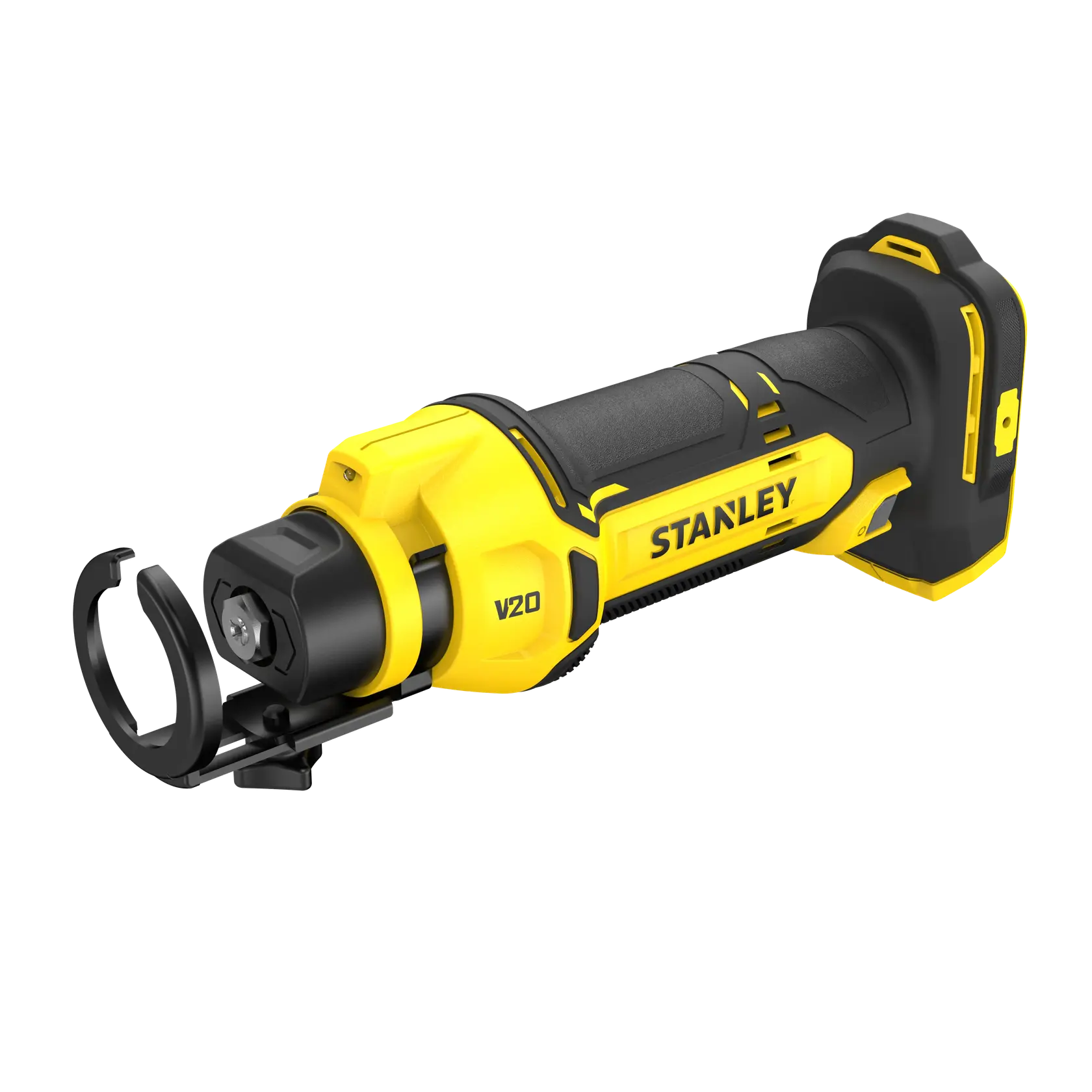 STANLEY SFMCE200B photography of yellow and black cordless rotary tool, angled on white background.