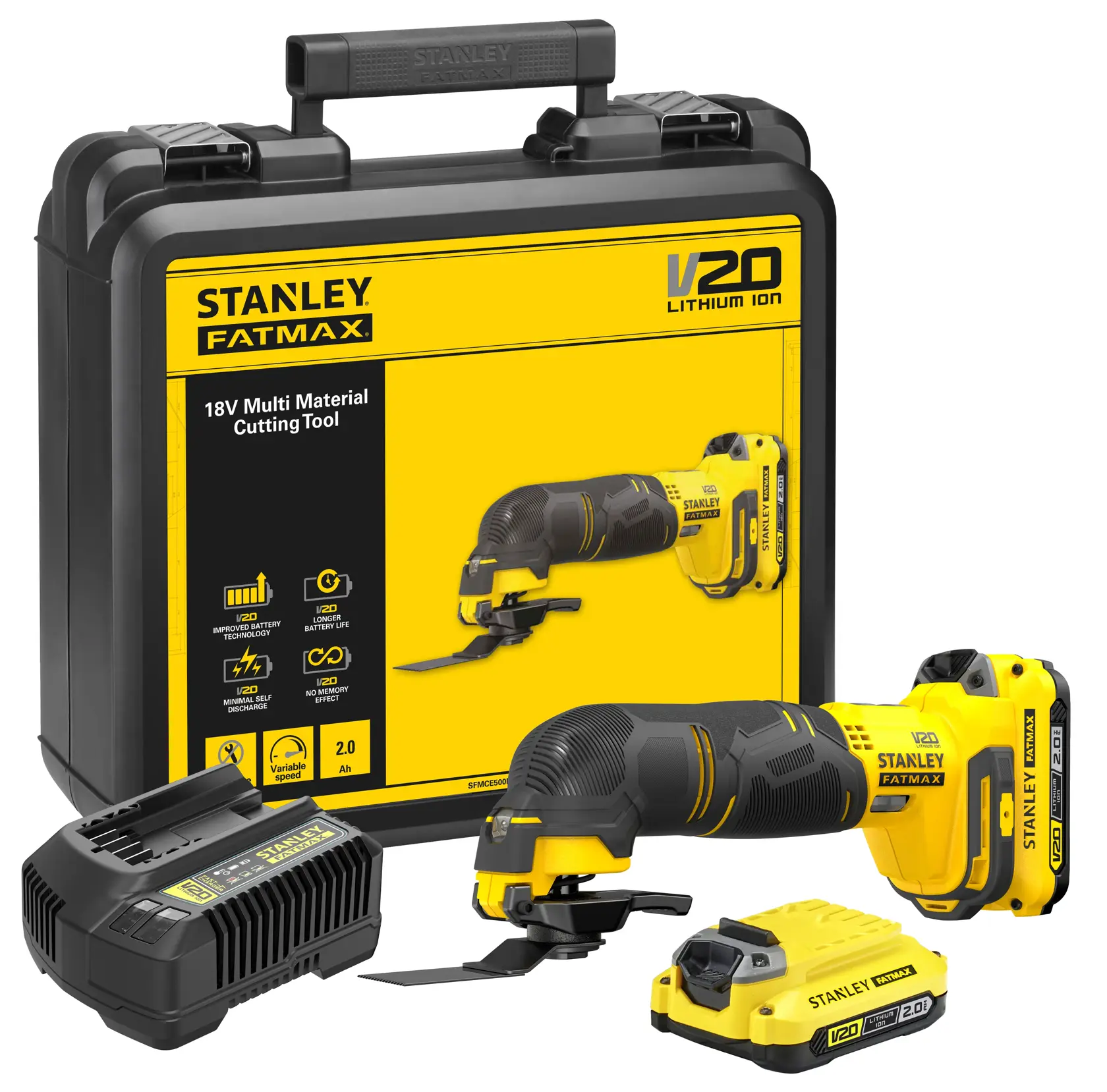 STANLEY SFMCE500D2K V20 18V Mehrmaterial-Schneidewerkzeug Set mit Koffer, Akku und Ladegerät, Vorderansicht.