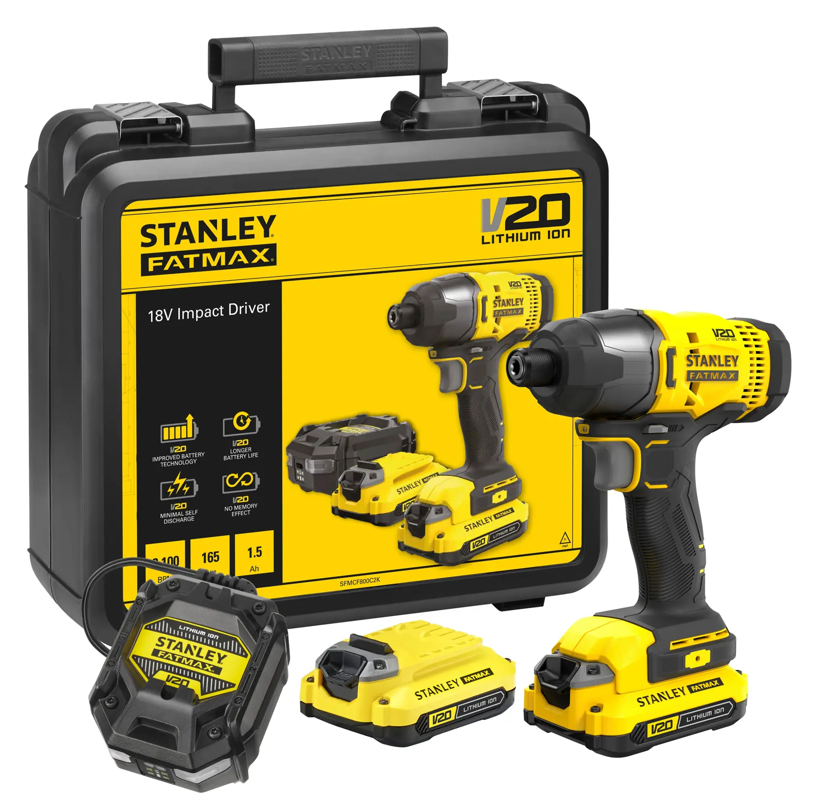 STANLEY SFMCF800C2K 18V Impact Driver kit, yellow and black, with batteries and carry case, front angle.