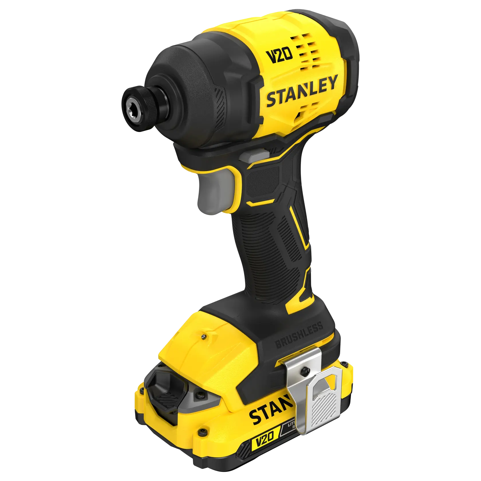 Photo of STANLEY SFMCF811D1T cordless impact driver, V20 Lithium Ion, yellow and black, front angle view.
