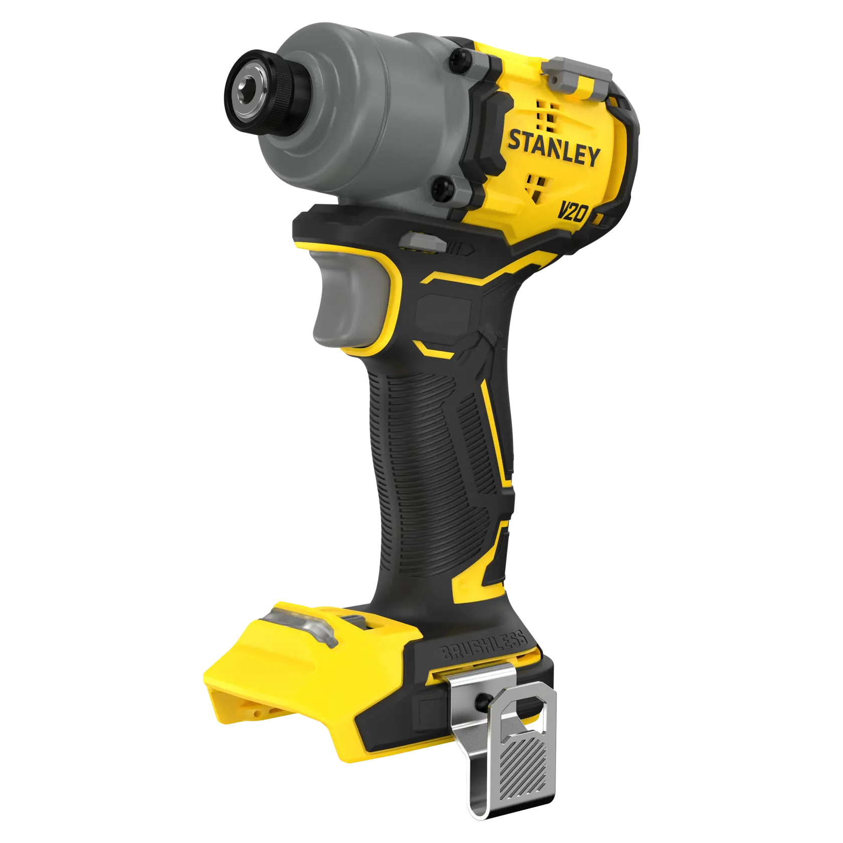 STANLEY SFMCF830B brushless impact driver, yellow and black, front left angle, photography product.