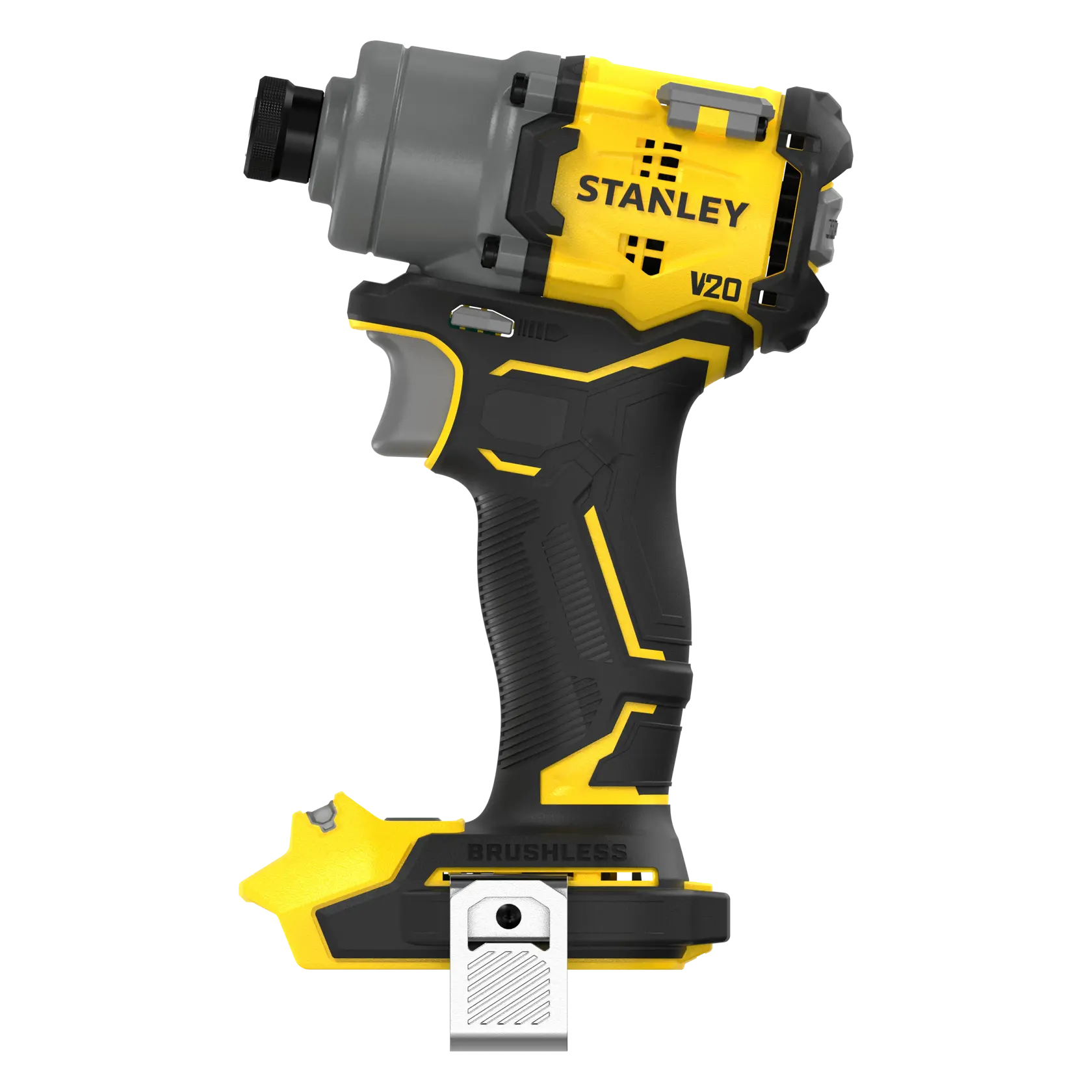 STANLEY SFMCF830B brushless impact driver, yellow and black, side angle on white background.