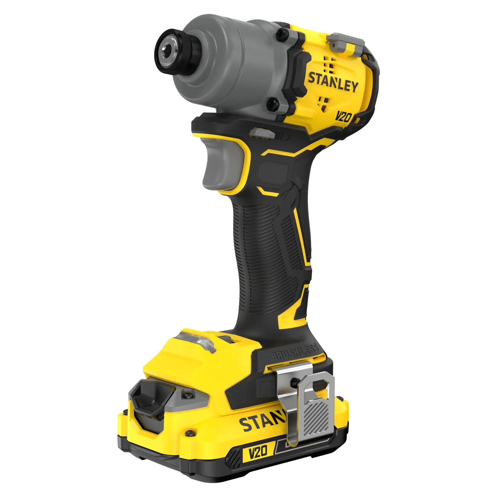Stanley SFMCF830D2K cordless impact driver, yellow and black brushless power tool, front angled view.
