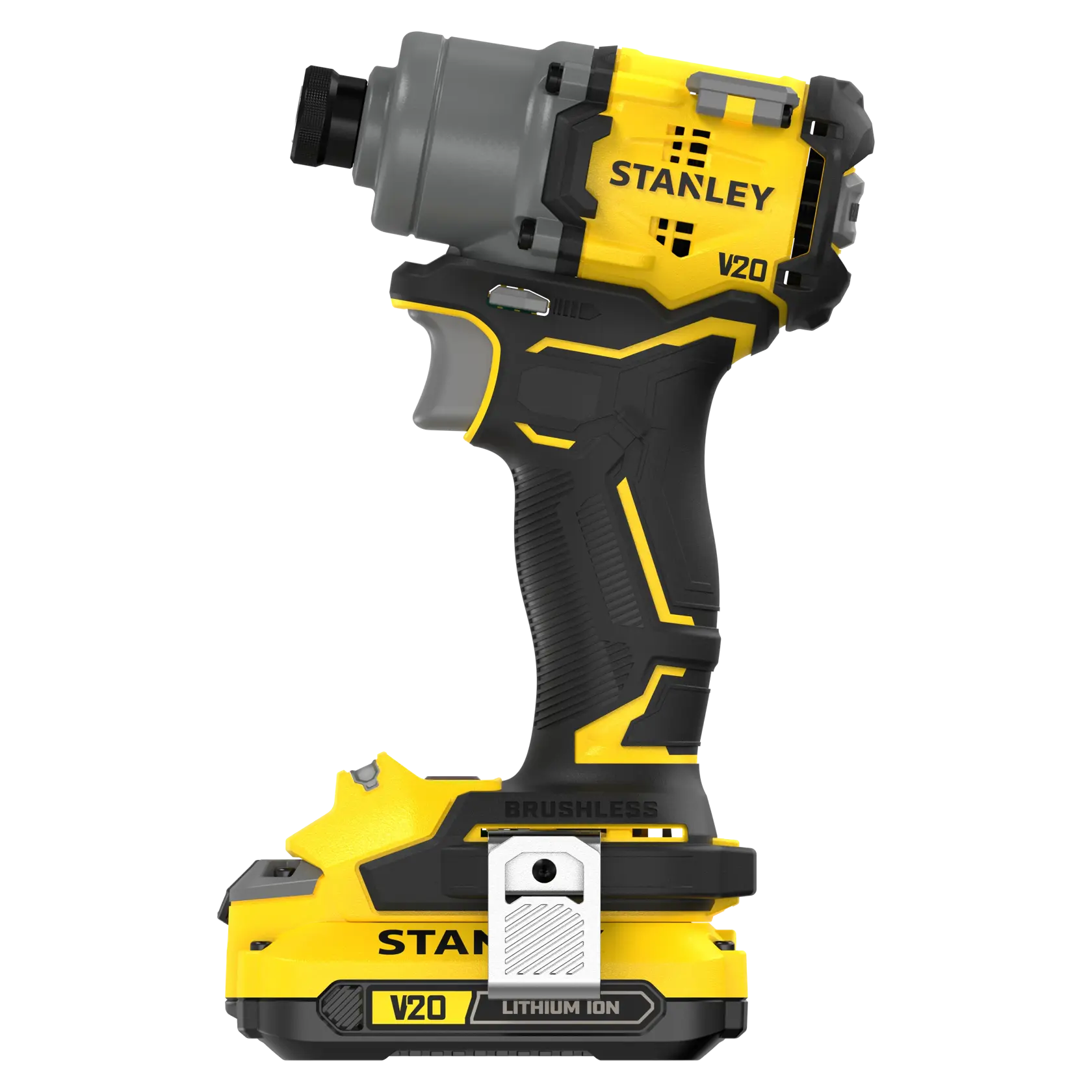 STANLEY SFMCF830D2K V20 Fatmax cordless impact driver, side angle, yellow and black design.