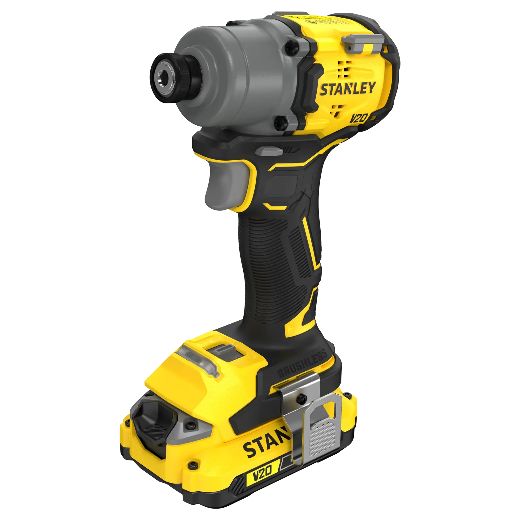 Photo of STANLEY SFMCF830D2K brushless impact driver, yellow and black, front left angle, cordless design.