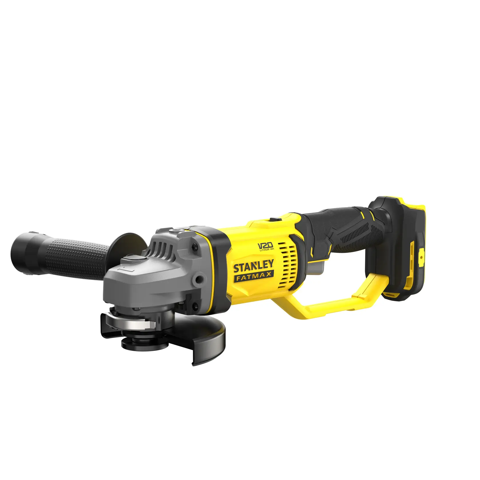 Photo of STANLEY SFMCG400B cordless angle grinder, yellow and black, side angle on white background.