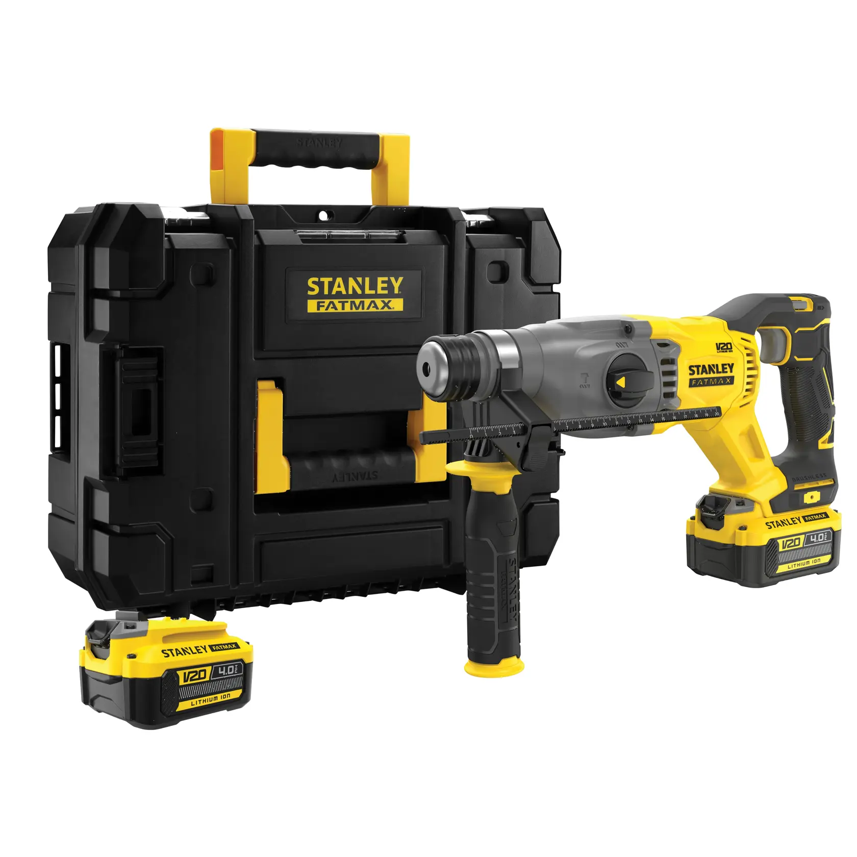 Stanley SFMCH900M22 cordless rotary hammer kit with case and three yellow V20 batteries, front angle.