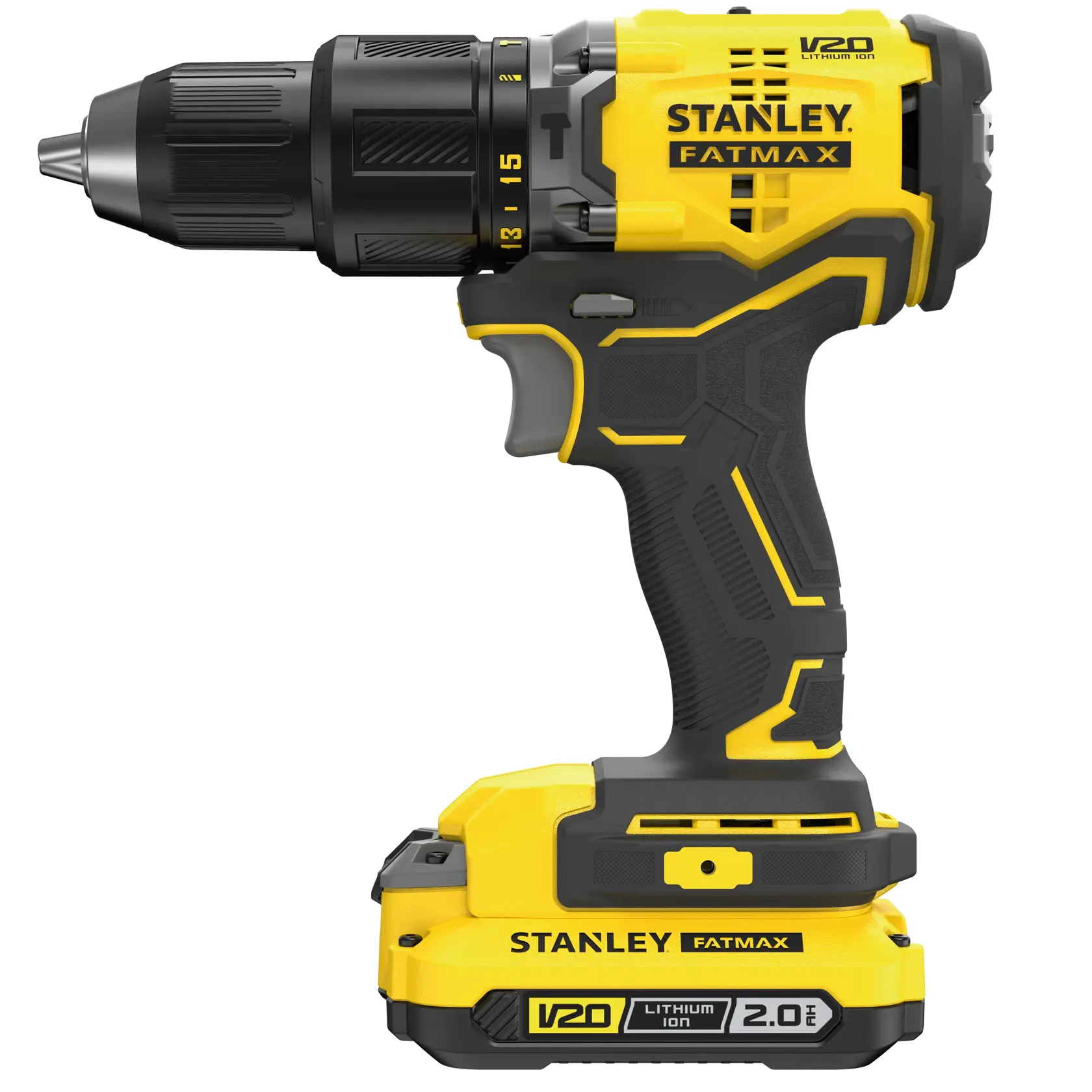 STANLEY SFMCK461D2T cordless drill driver, yellow and black, side view on white background.