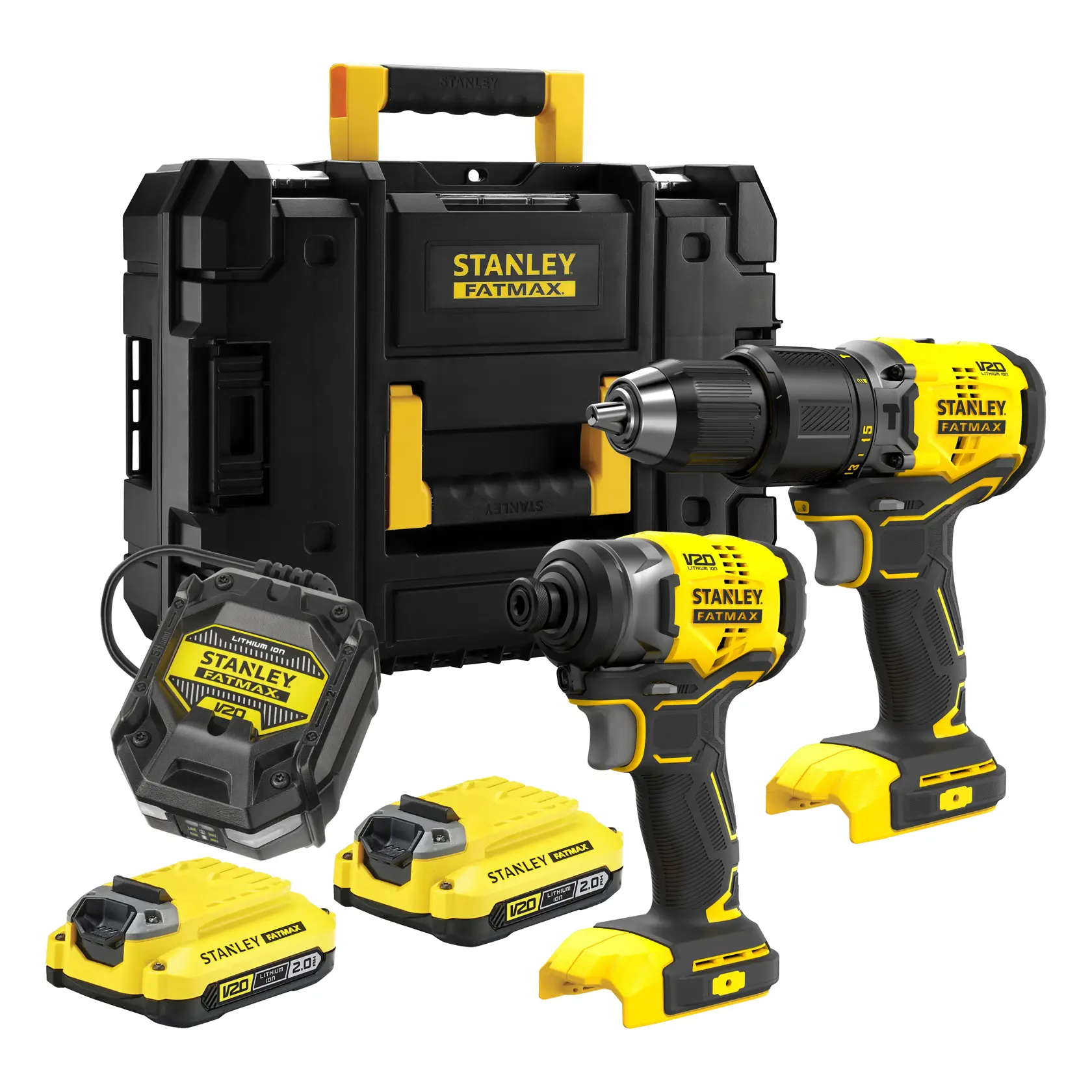STANLEY SFMCK461D2T V20 drill and impact driver kit with batteries, charger, and black toolbox, front angle.