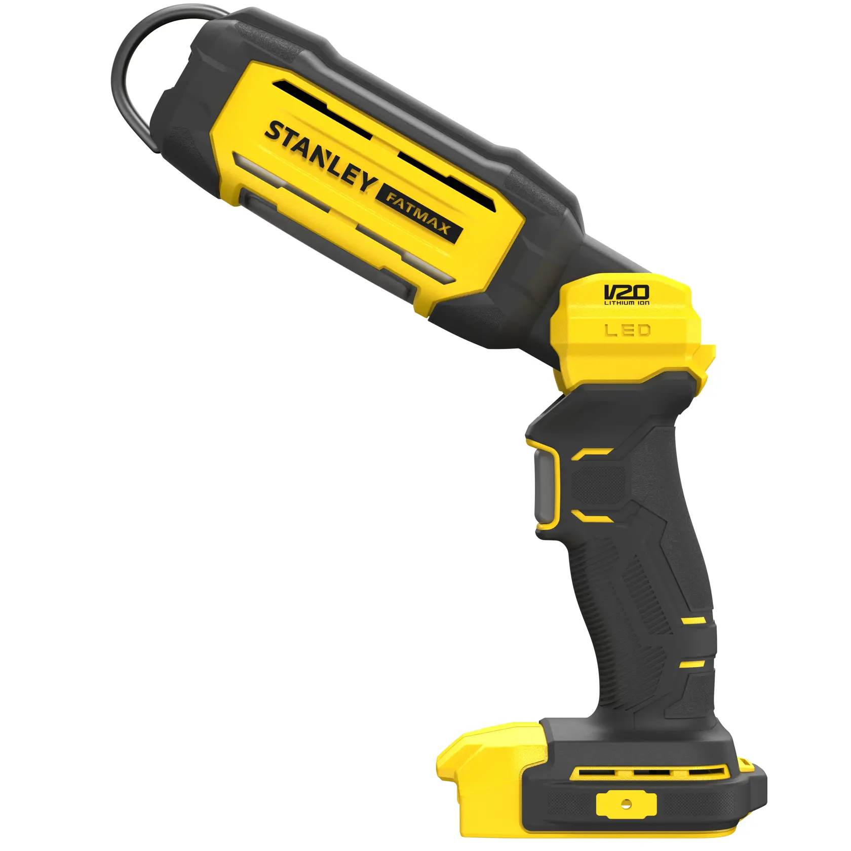 STANLEY SFMCL050B cordless LED work light, black and yellow, side angle, with ergonomic handle.