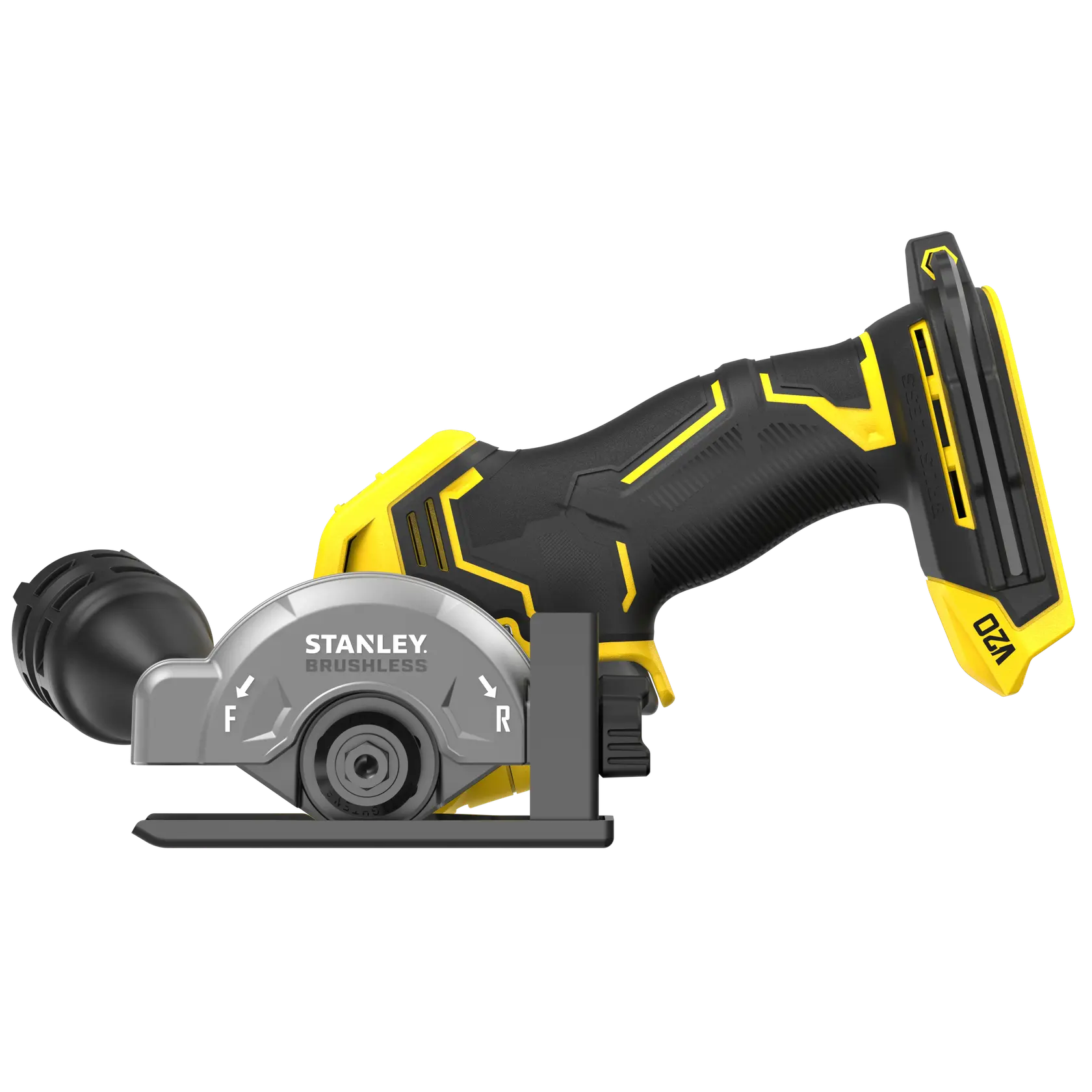 Stanley SFMCM300B brushless cordless mini cutter displayed side view on white background.