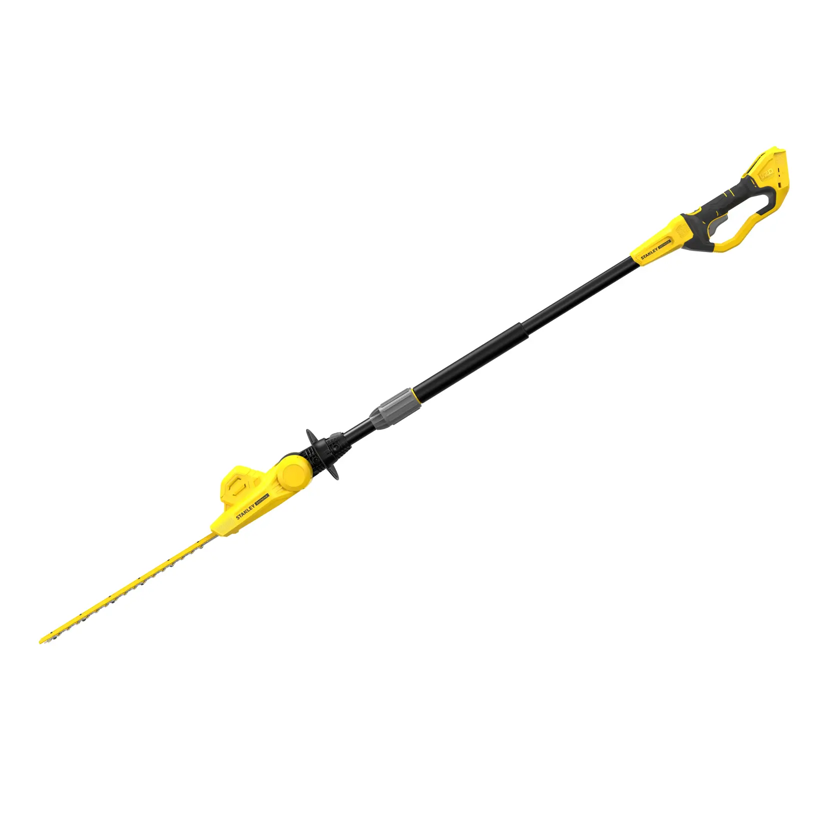 STANLEY SFMCPH845B pole hedge trimmer, yellow and black, side angle on white background.