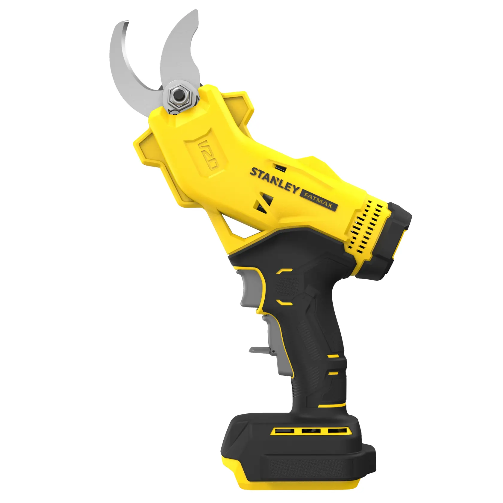 Photo of STANLEY SFMCPP32B cordless garden pruner with yellow and black body, side angle on white background.