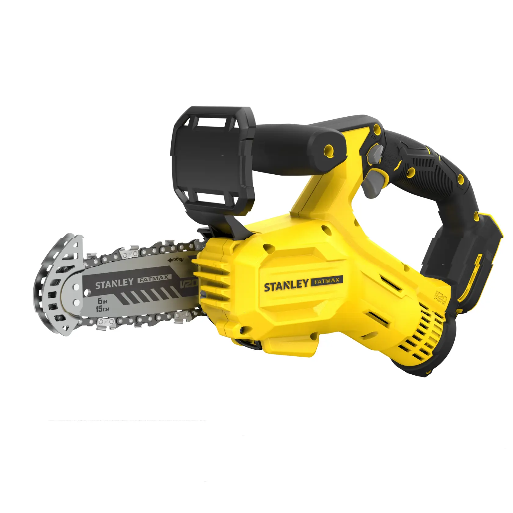 STANLEY SFMCPS415B cordless mini chainsaw with black and yellow body, side angle on white background.