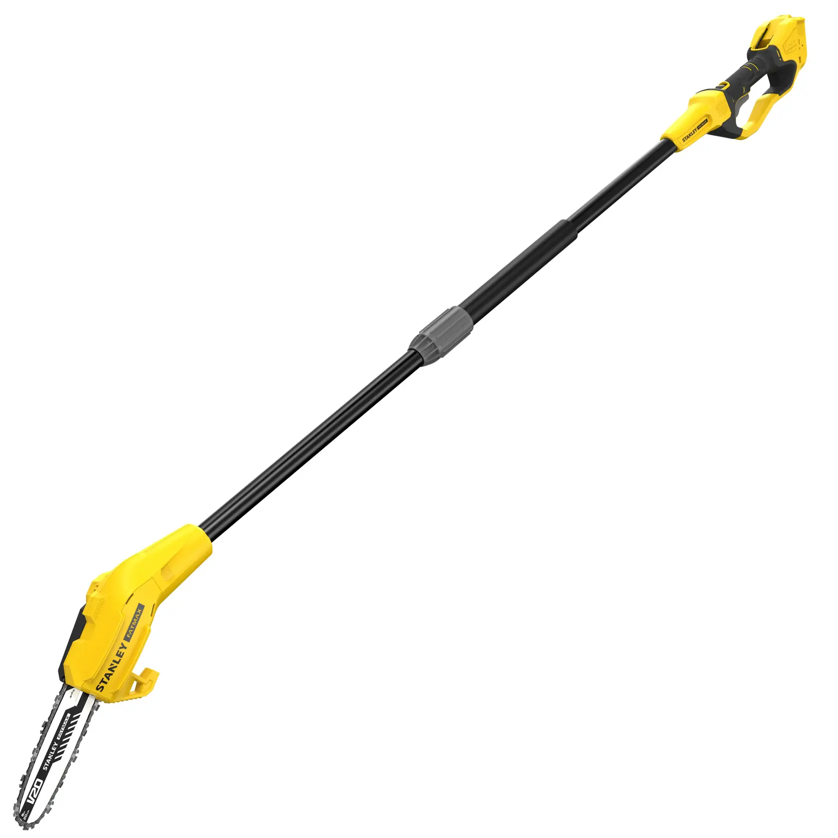 STANLEY SFMCPS620B pole saw with yellow and black body on white background, side angle.