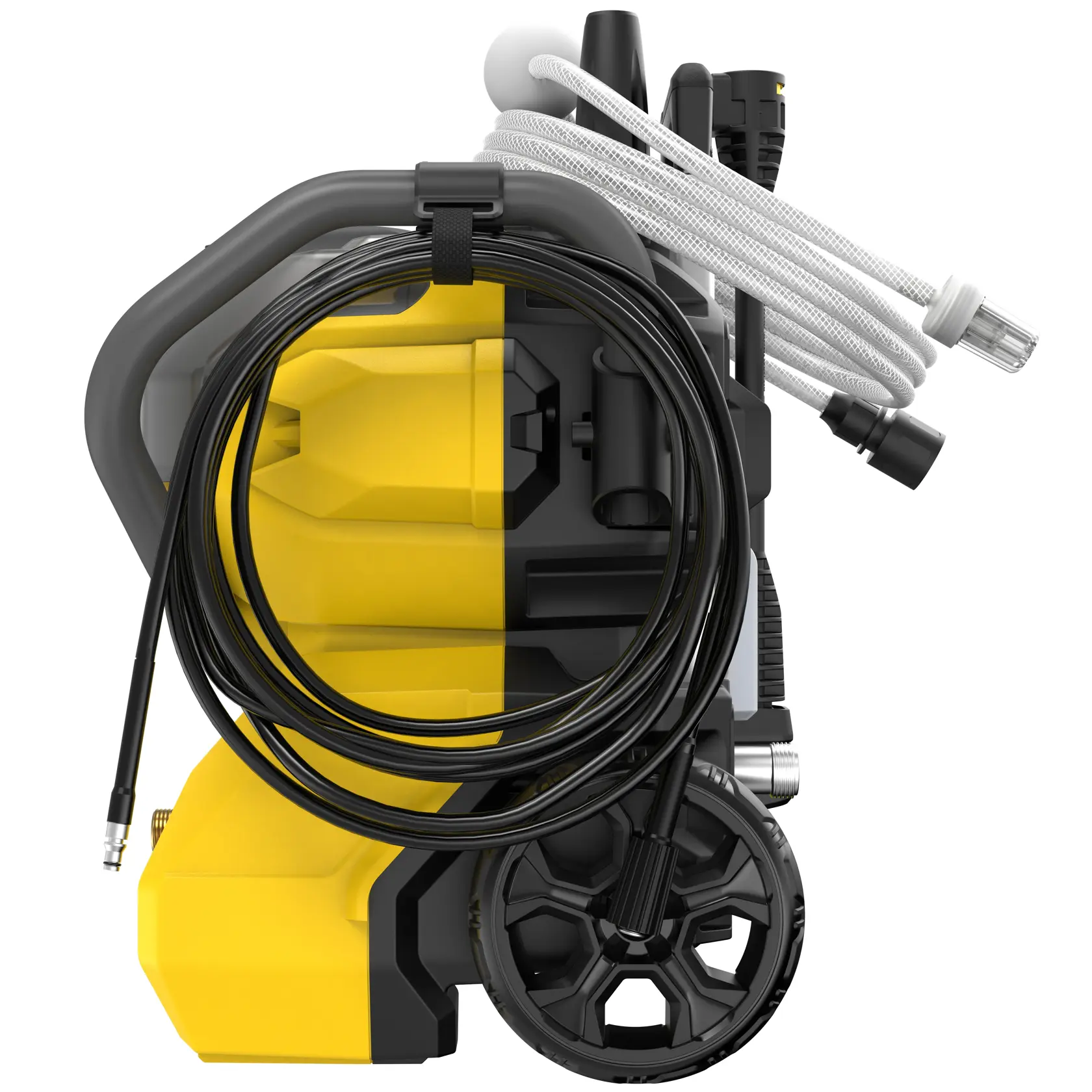 STANLEY SFMCPW1500B pressure washer side view with yellow housing, black hose, large wheels, and white accessory hose.