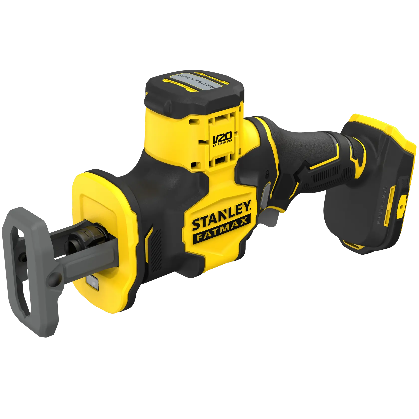 STANLEY SFMCS305B V20 Fatmax cordless reciprocating saw, yellow and black, front angle, on white background.