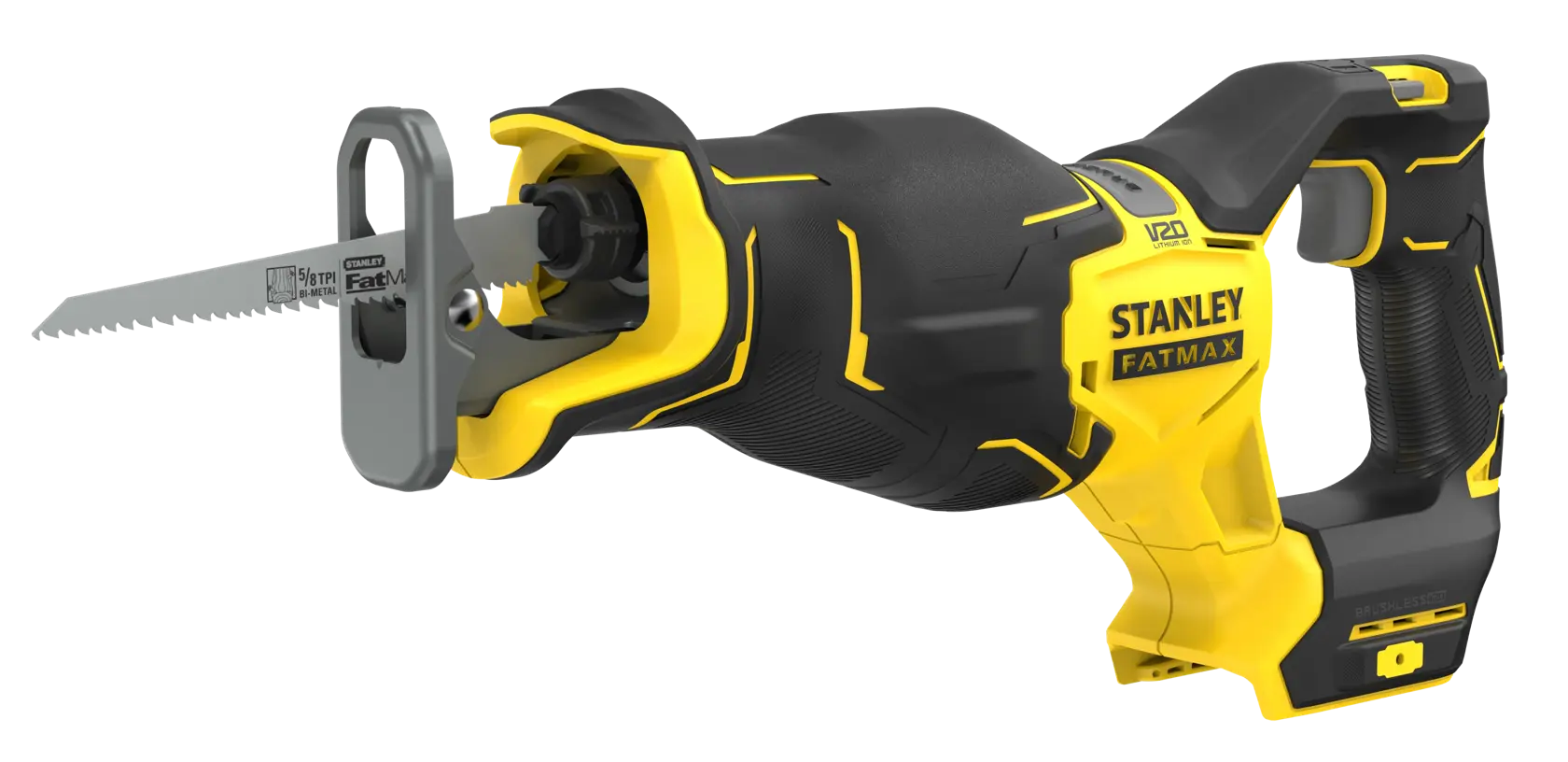 STANLEY SFMCS311B-XJ reciprocating saw, yellow and black, side angle on white background.