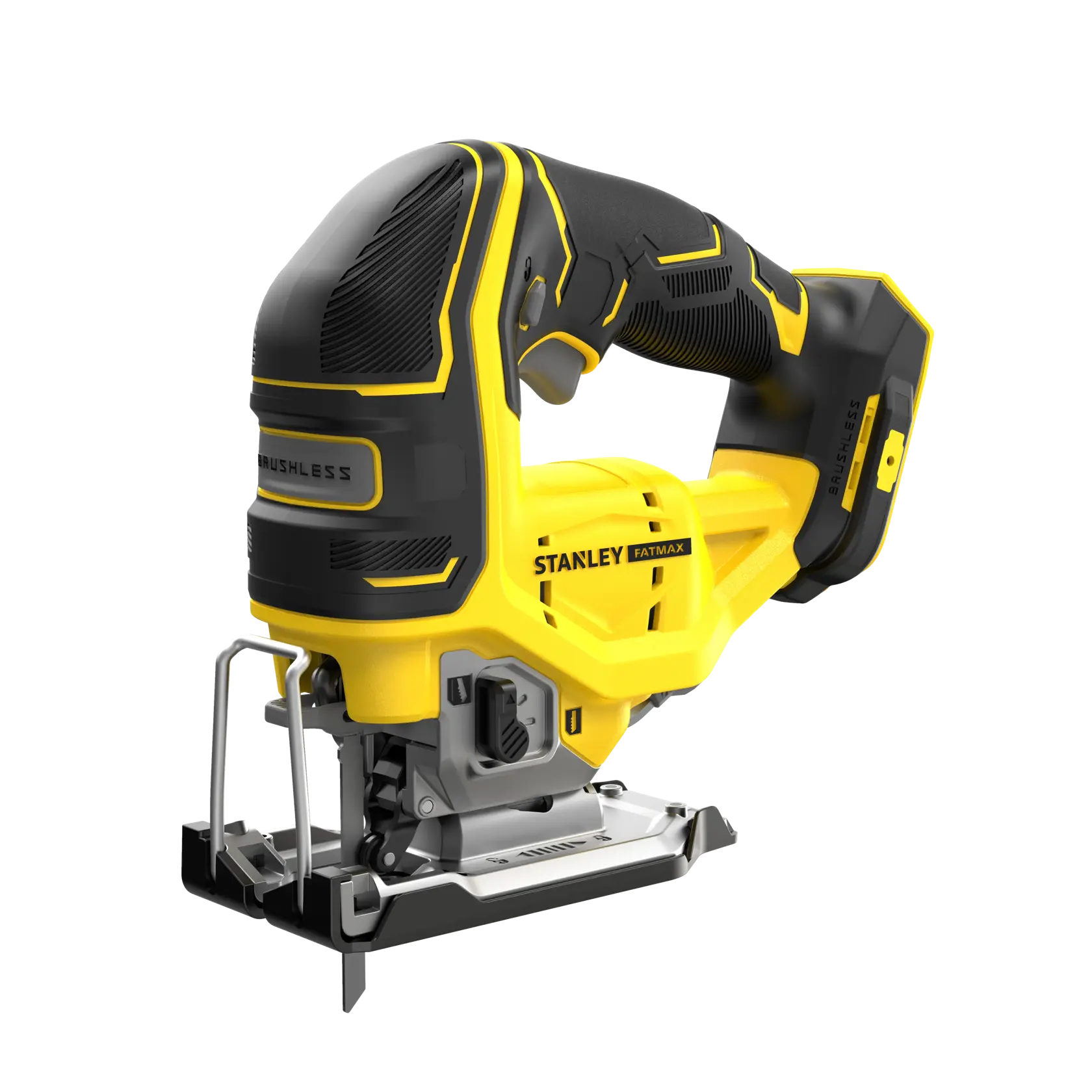 Yellow and black STANLEY FATMAX cordless jigsaw with brushless motor, ergonomic handle, and metal base.