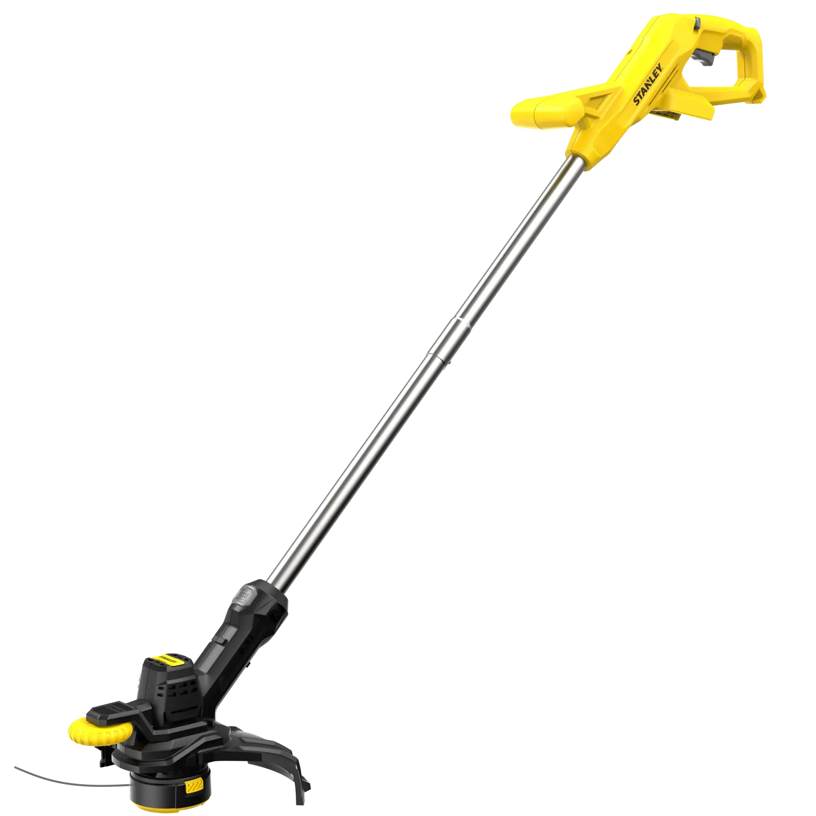 Photo of STANLEY SFMCST925B cordless string trimmer, yellow and black, side angle on white background.