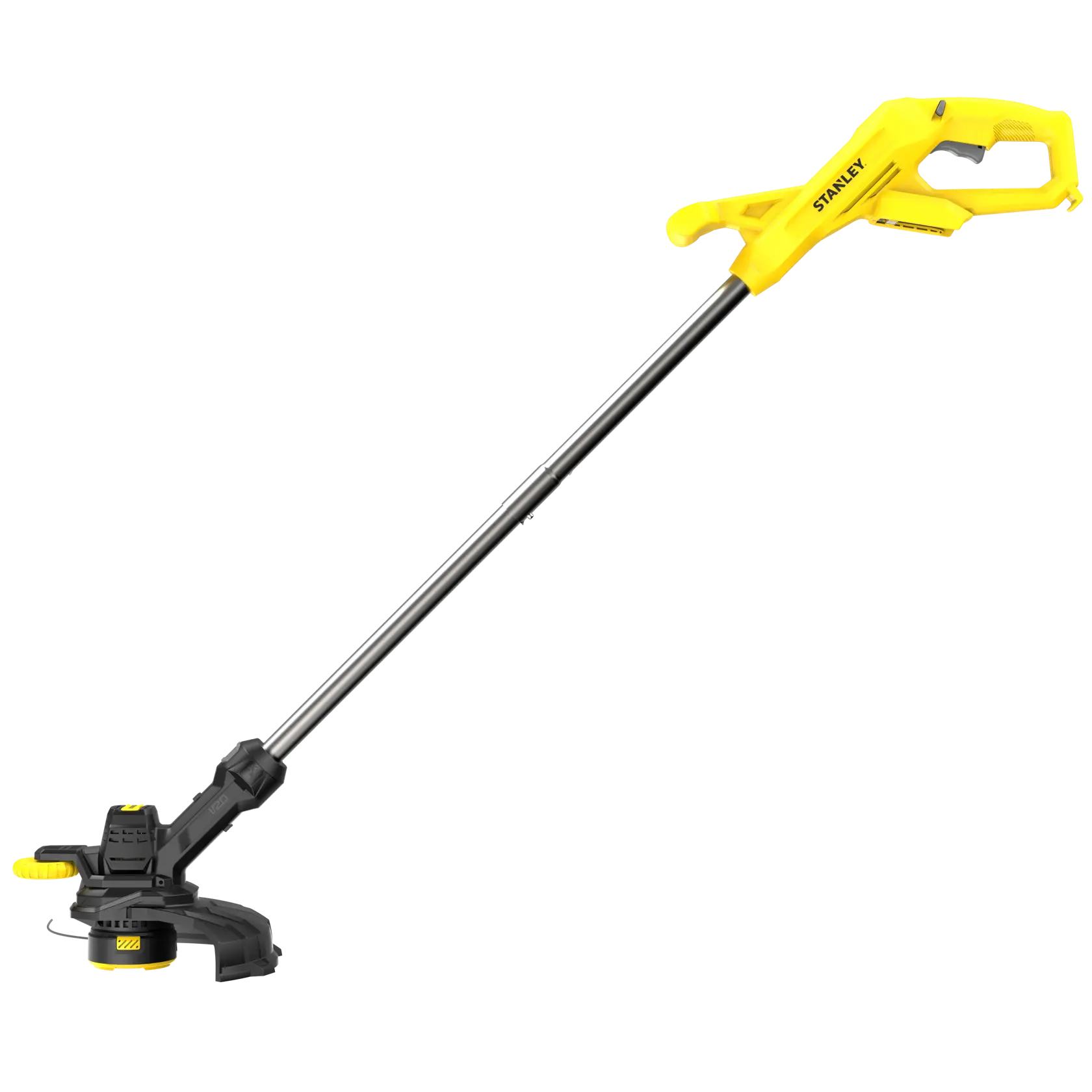 Photo of STANLEY SFMCST925B yellow and black cordless string trimmer, side view on white background.