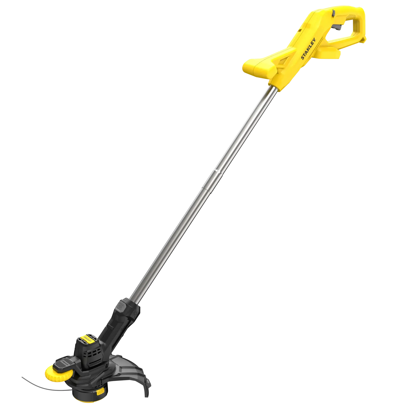 Photo of STANLEY SFMCST925B yellow and black cordless string trimmer, side angle on white background.