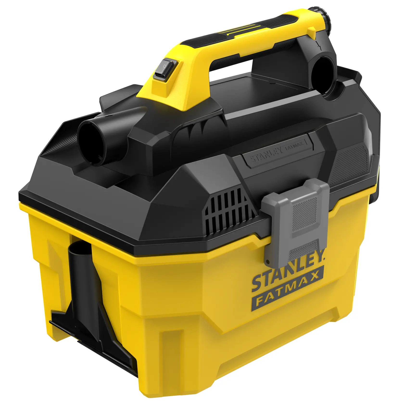 STANLEY SFMCV002B Nass-Trockensauger, gelb und schwarz, Dreiviertelansicht vor weißem Hintergrund.