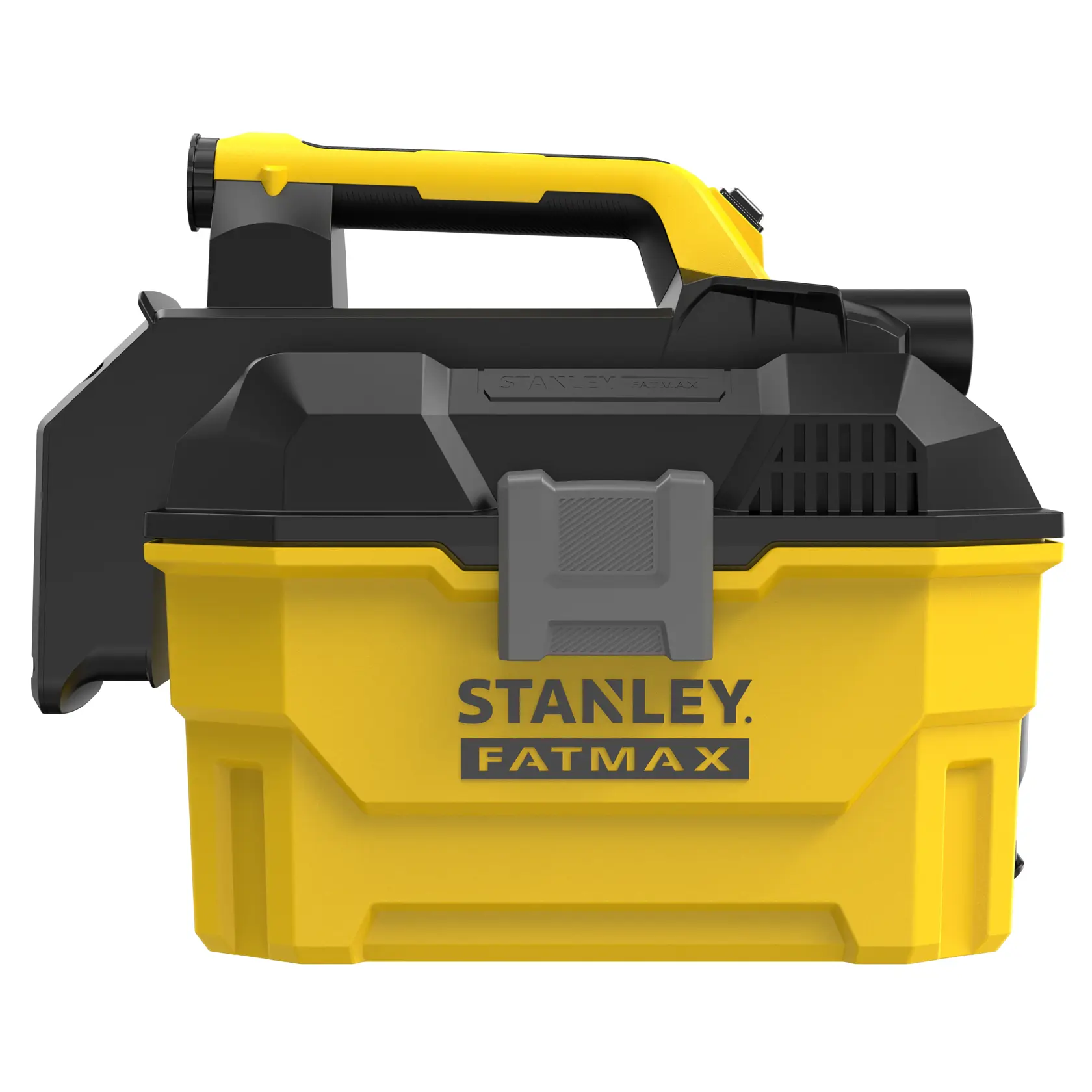STANLEY SFMCV002B Nass-Trockensauger Seitenansicht, gelb und schwarz, großer Griff, kompaktes Design, weißer Hintergrund.